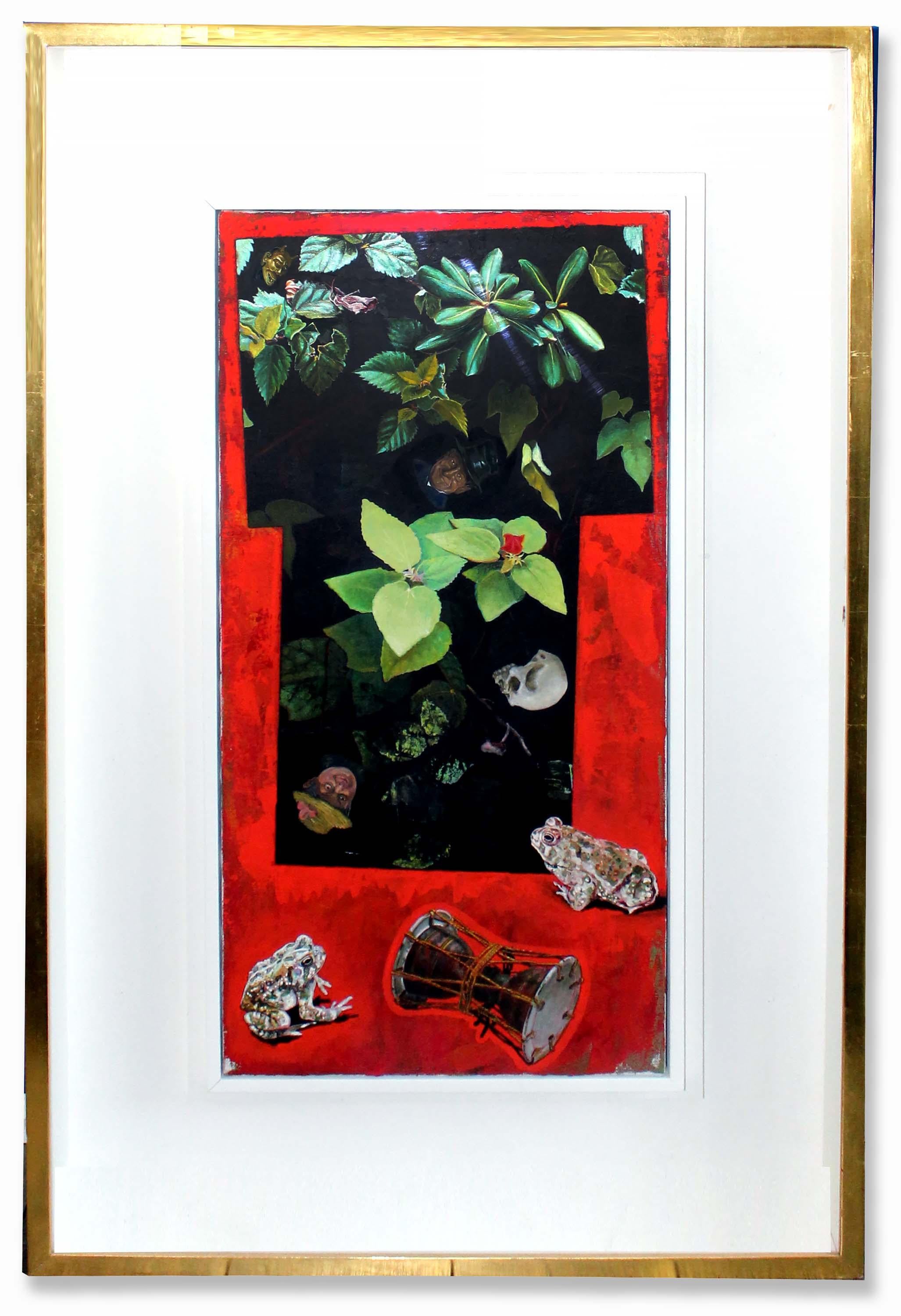 Tom Wudl Öl auf Leinwand, 1991 - Surreales botanisches Stillleben mit Fröschen und Maske im Angebot 1