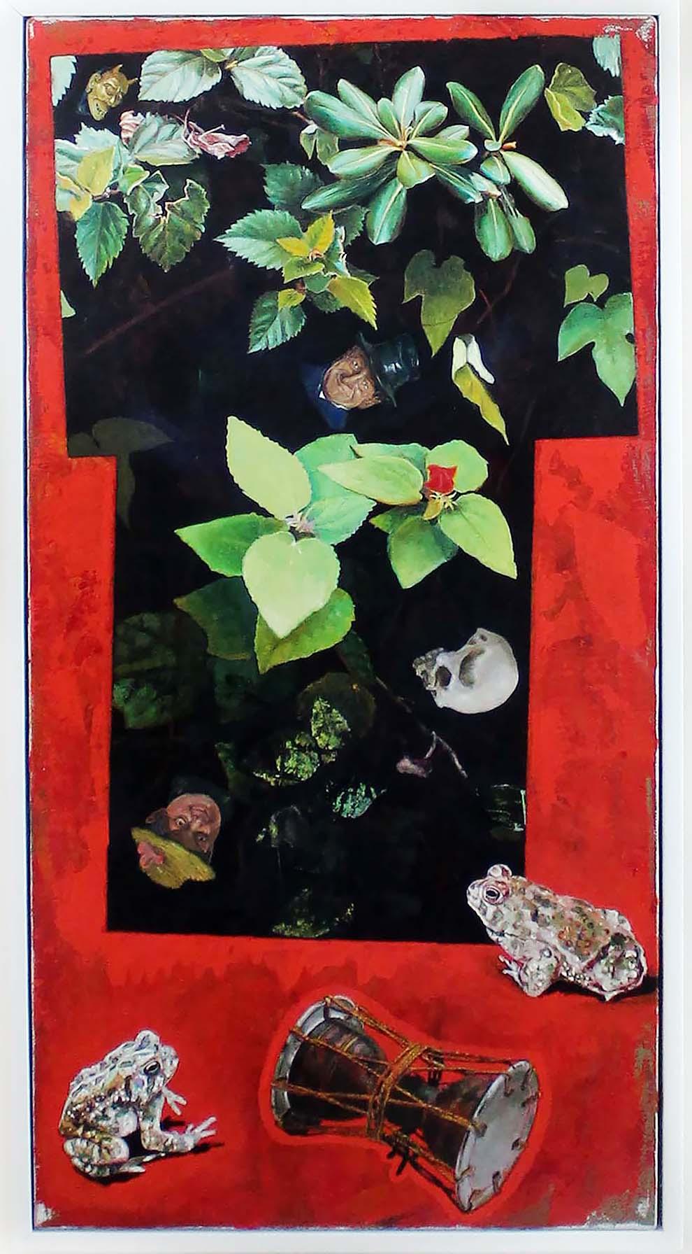 Tom Wudl Öl auf Leinwand, 1991 - Surreales botanisches Stillleben mit Fröschen und Maske im Angebot 2