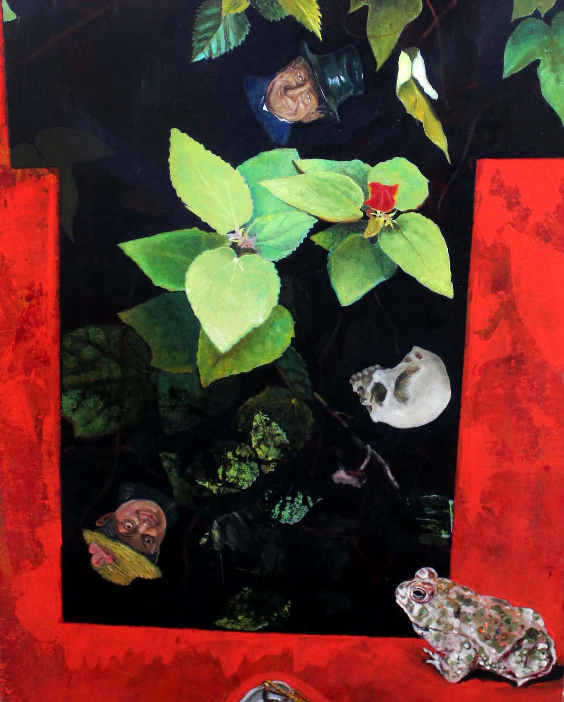 Tom Wudl Öl auf Leinwand, 1991 - Surreales botanisches Stillleben mit Fröschen und Maske im Angebot 3