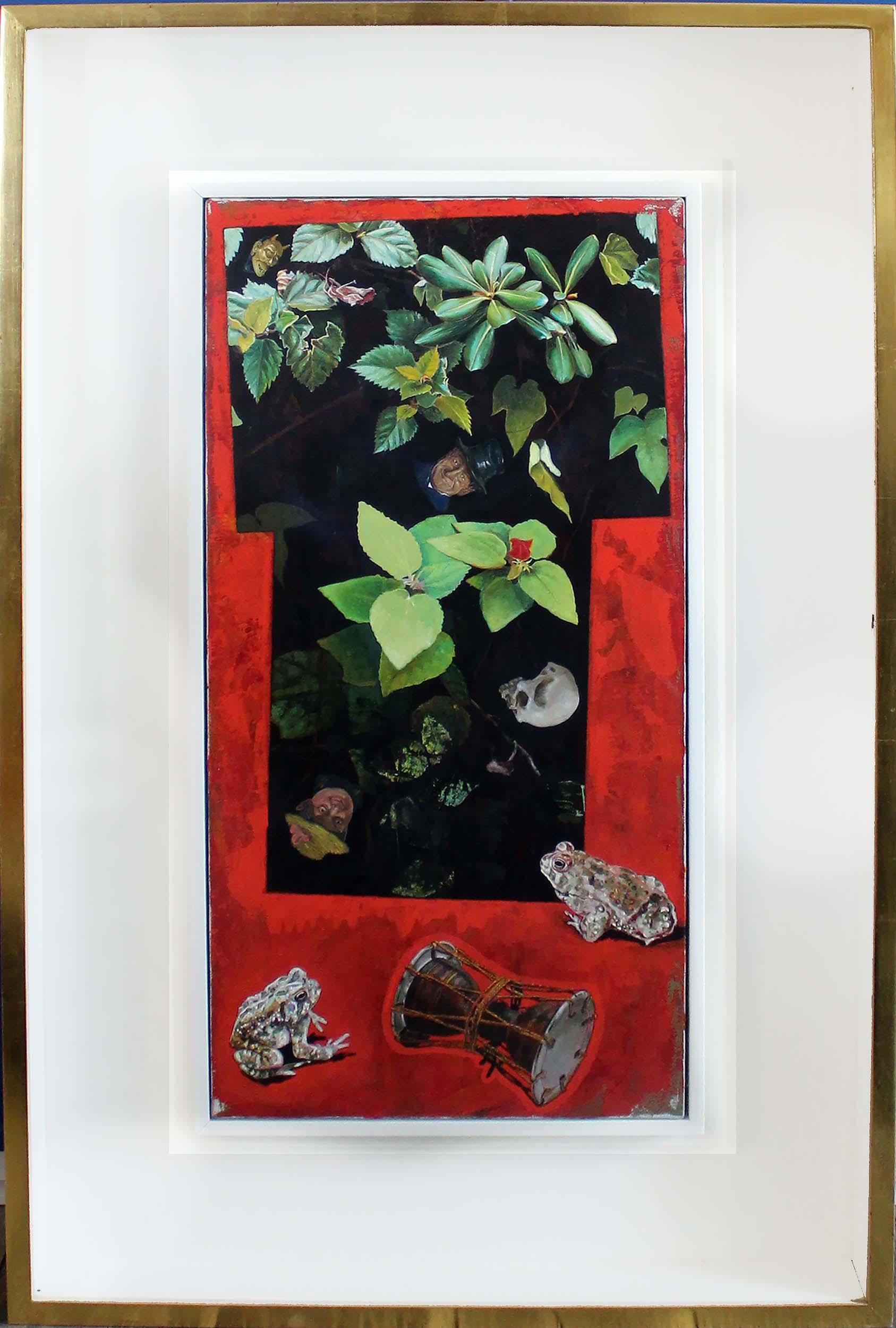 Ein fesselndes Öl auf Leinwand des berühmten zeitgenössischen Künstlers Tom Wudl aus dem Jahr 1991. In dieser eindrucksvollen Komposition werden üppige, sorgfältig ausgeführte botanische Formen symbolischen Elementen wie einer Theatermaske, einem