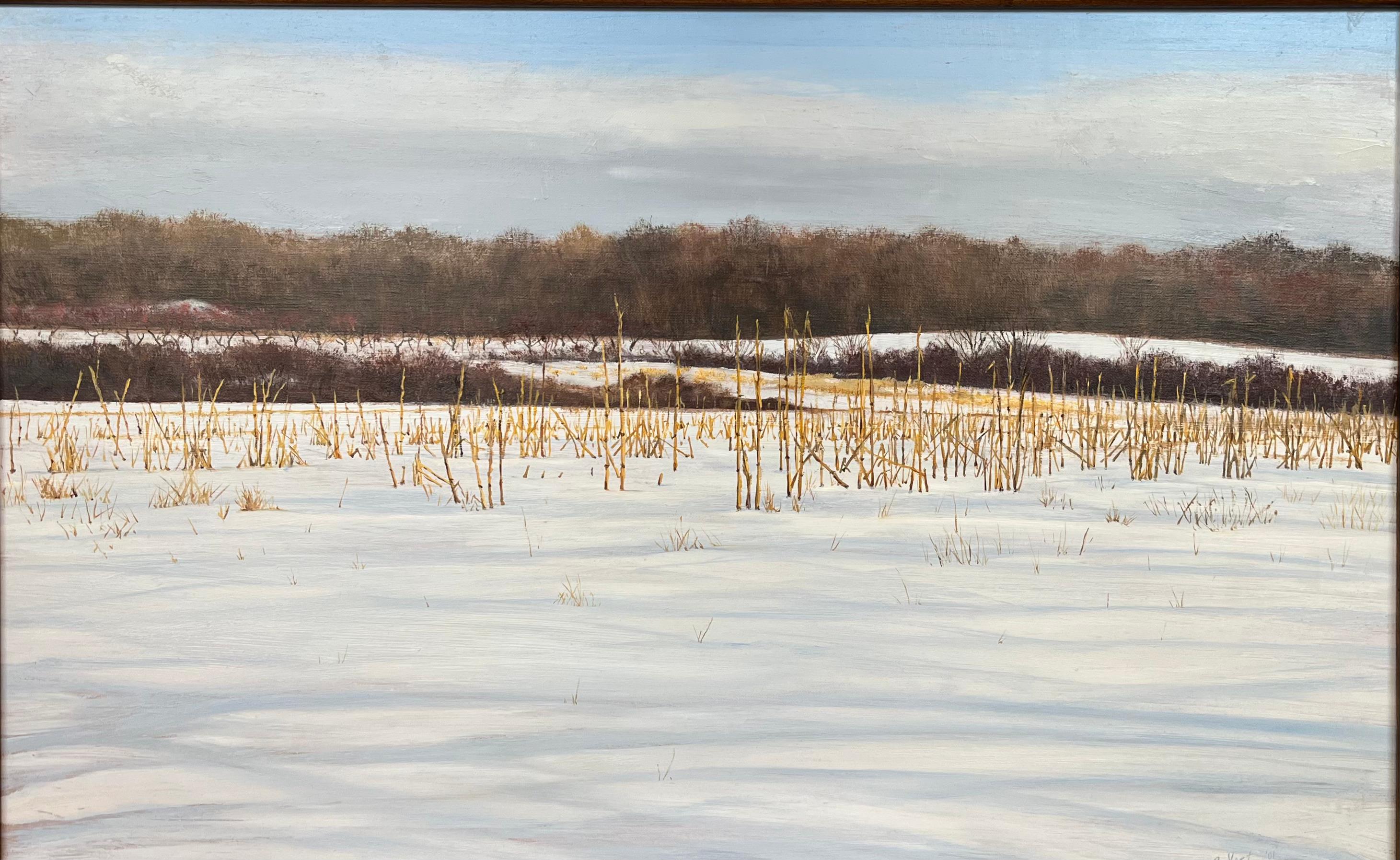 Landschaftslandschaft, Ölgemälde von Cornfield auf einer Ahorn-Bank-Farm in Connecticut  – Painting von Tom Yost