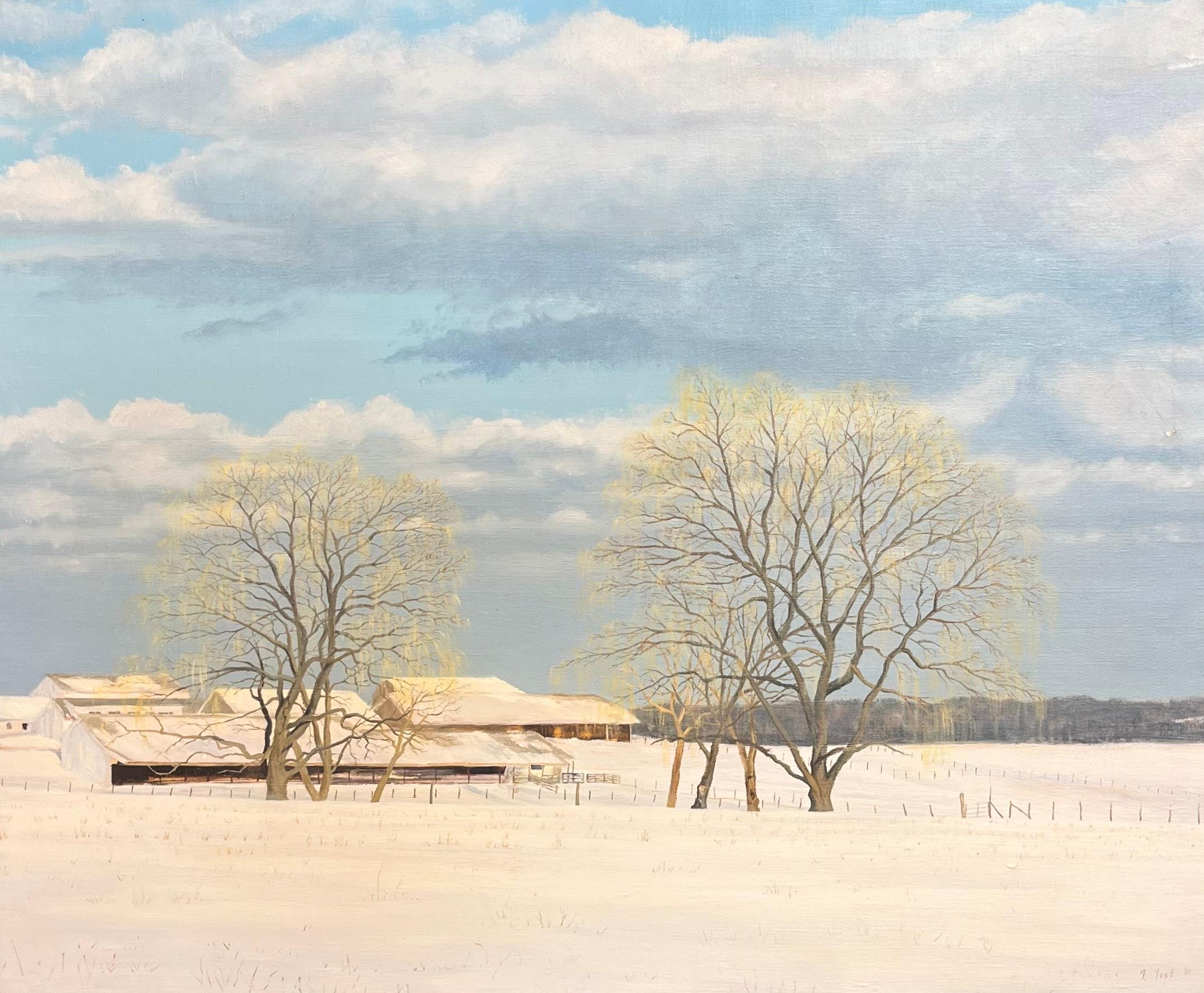 Paysage de ferme d'hiver intitulé « Farm Along Painter Hill Road Roxbury, CT » - Painting de Tom Yost