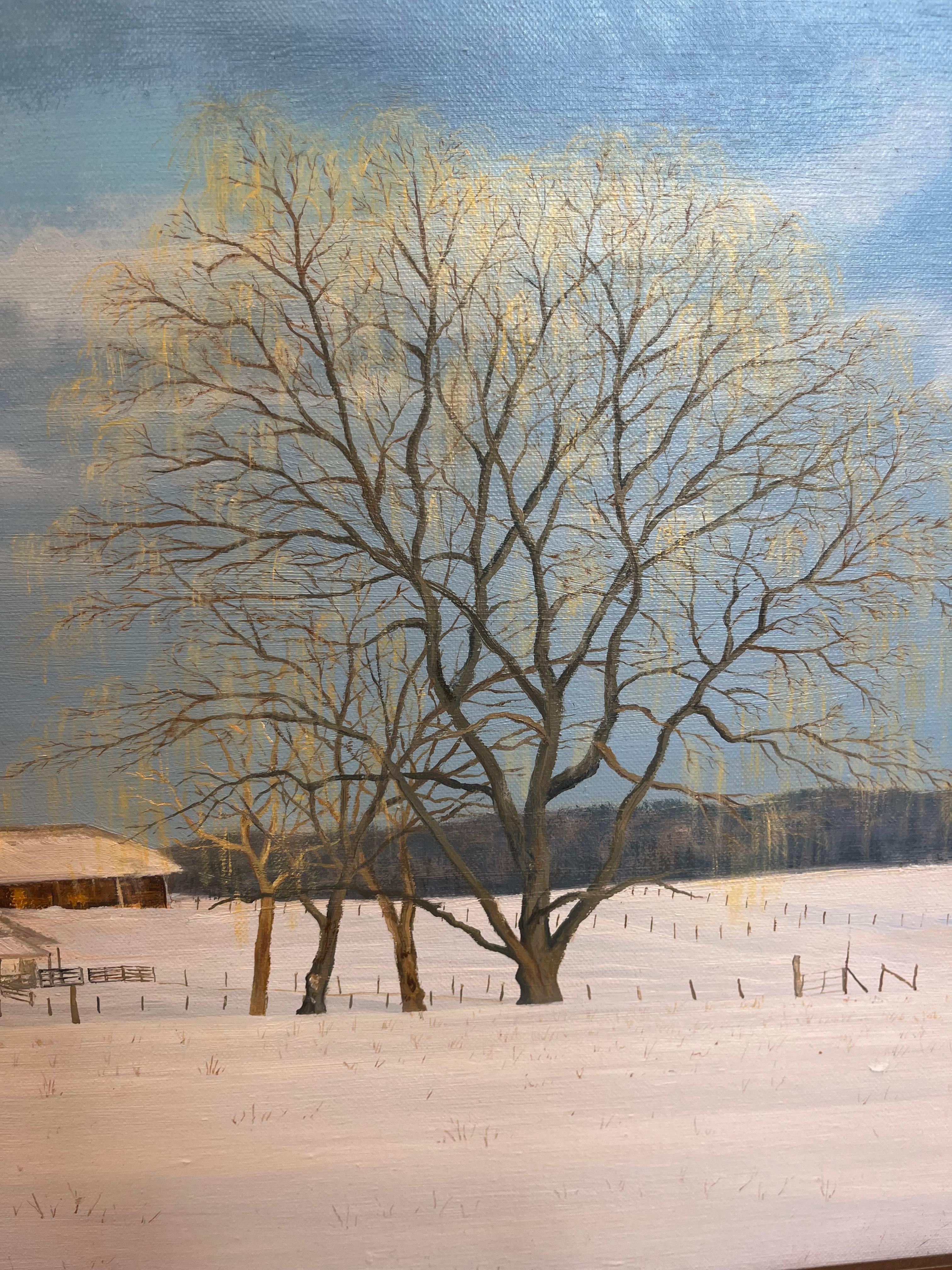 Paysage de ferme d'hiver intitulé « Farm Along Painter Hill Road Roxbury, CT » - Gris Landscape Painting par Tom Yost
