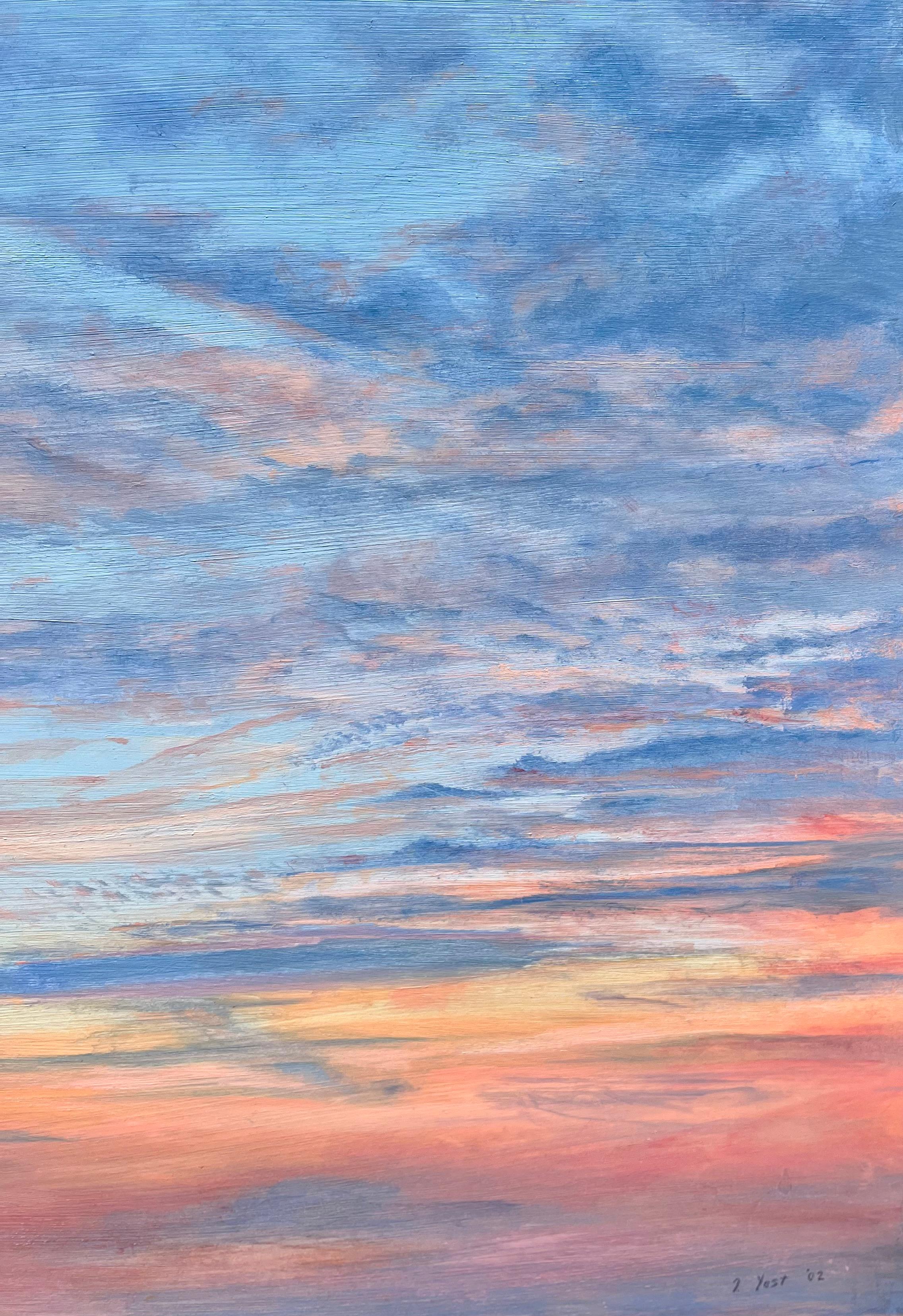 Nuages chuchotés au coucher du soleil - Violet Landscape Painting par Tom Yost