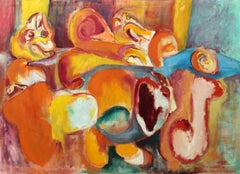 Mid Century Modern Oil Painting Abstract Expressionist Forms Purple Green purple