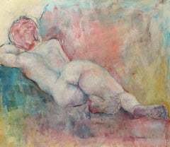 Modernes Ölgemälde des abstrakten Expressionismus der Mitte des Jahrhunderts in Pastell, Rosa und Grün