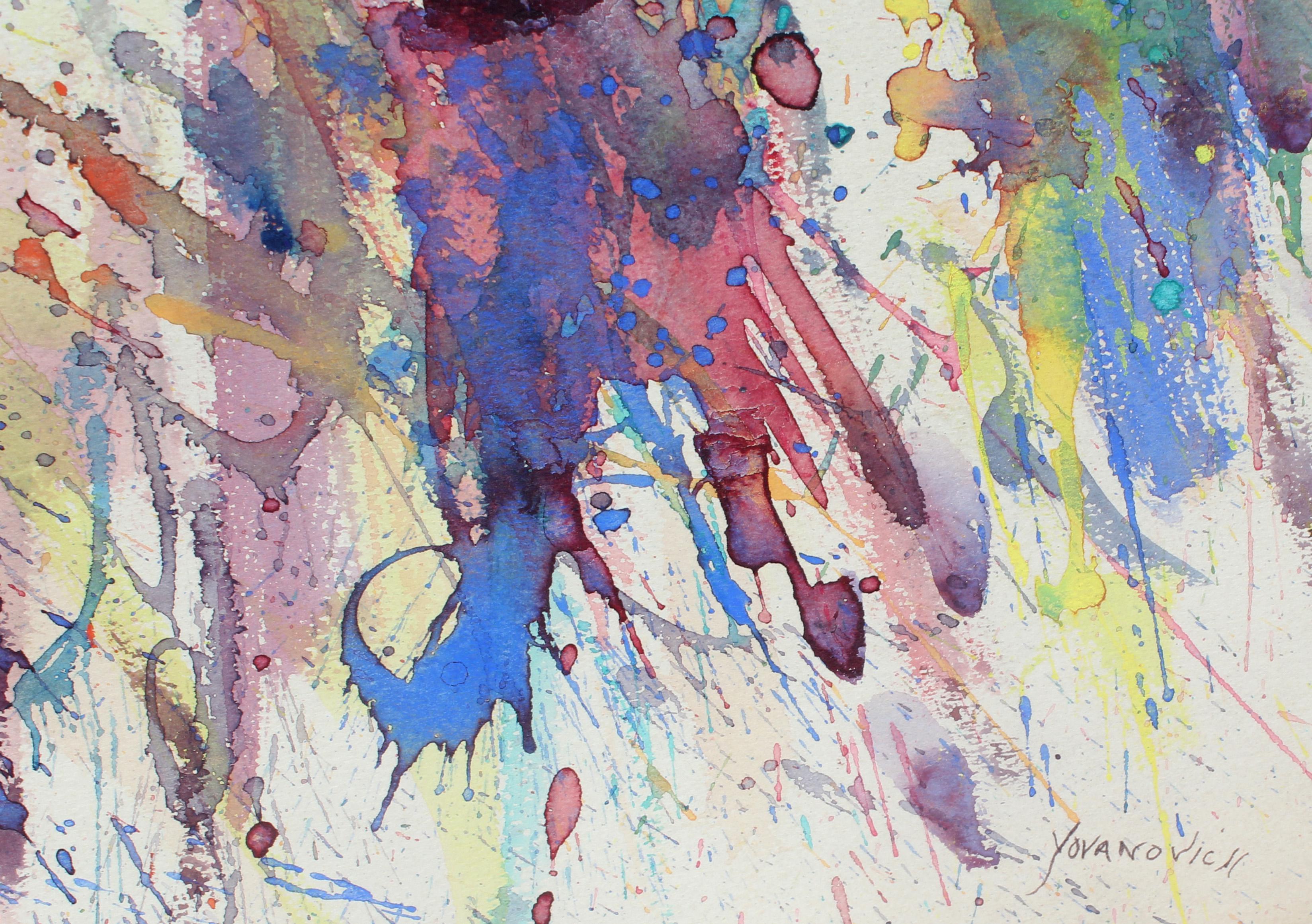 Mid-Century Modern abstract splatter painting by American artist Toma Tovanovich (1931- 2016).   Circa 1960, signed Yovanovich; lower right. 

This work was created in response to a famous piece of music by composer, Modest Mussorgsky 