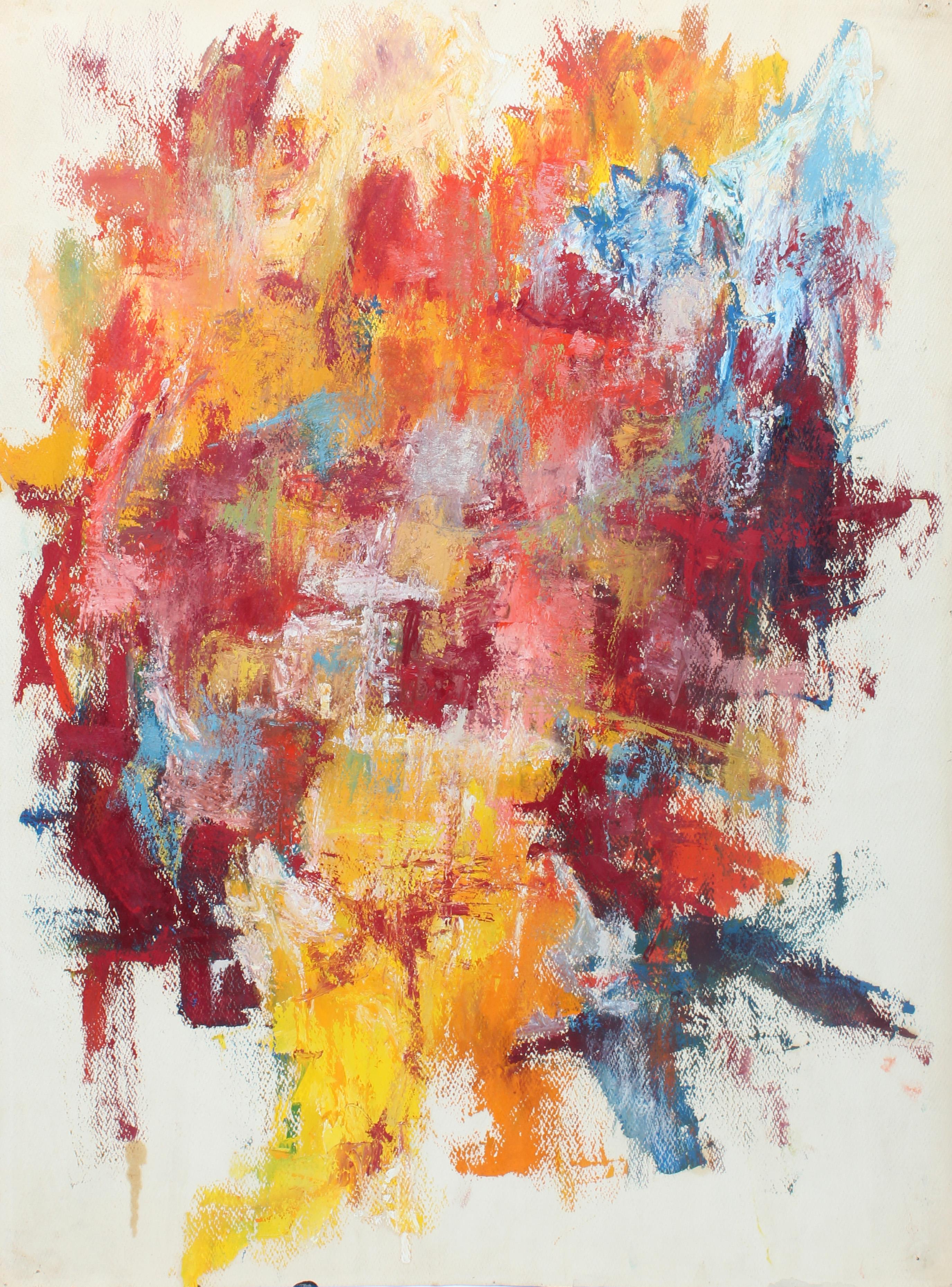Mid-Century Modern double-sided abstract expressionist painting by American artist Toma Tovanovich (1931- 2016).   Circa 1960, signed Yovanovich; lower right. 

One side features a fully abstract vivid colorful composition, while the reverse is an