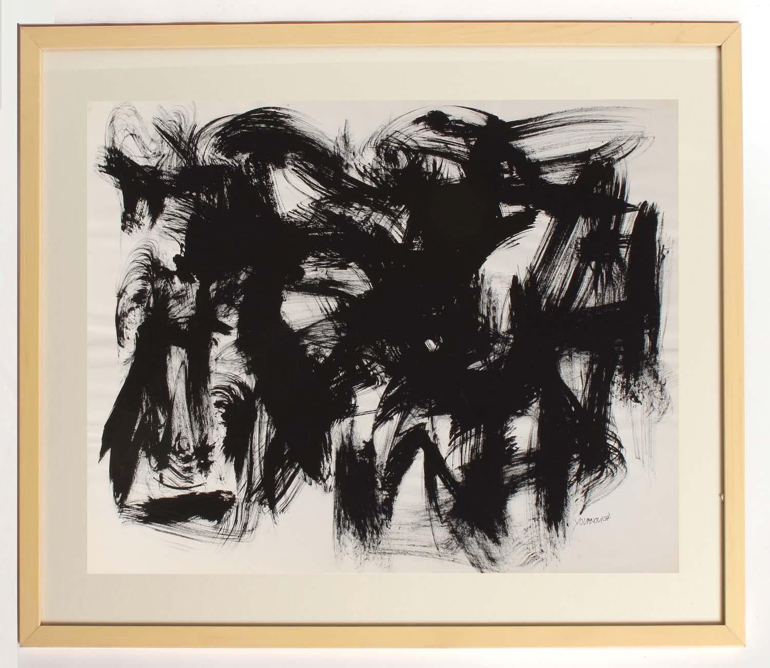 Mid-Century Modern black and white abstract expressionist painting by American artist Toma Tovanovich (1931- 2016).   Circa 1960, framed, signed Yovanovich; lower right. 

Tovanovich's work is found in many public and private collections all over