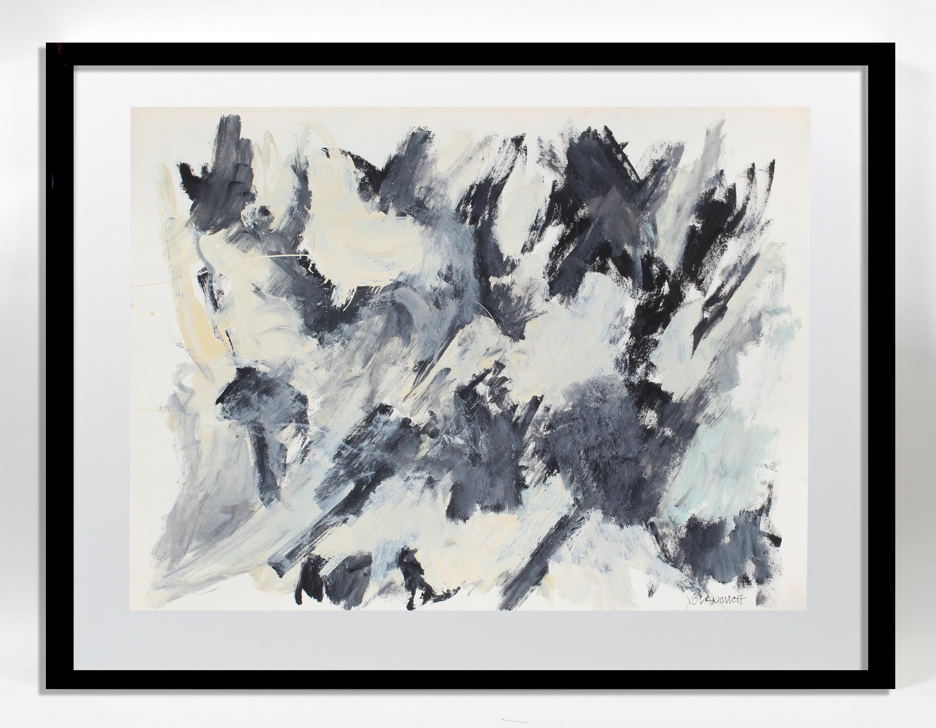 Schwarz-weißes abstraktes expressionistisches Gemälde des amerikanischen Künstlers Toma Tovanovich (1931-2016) aus der Jahrhundertmitte.   Um 1960, gerahmt, signiert Yovanovich, rechts unten. 

Tovanovichs Werke befinden sich in vielen öffentlichen
