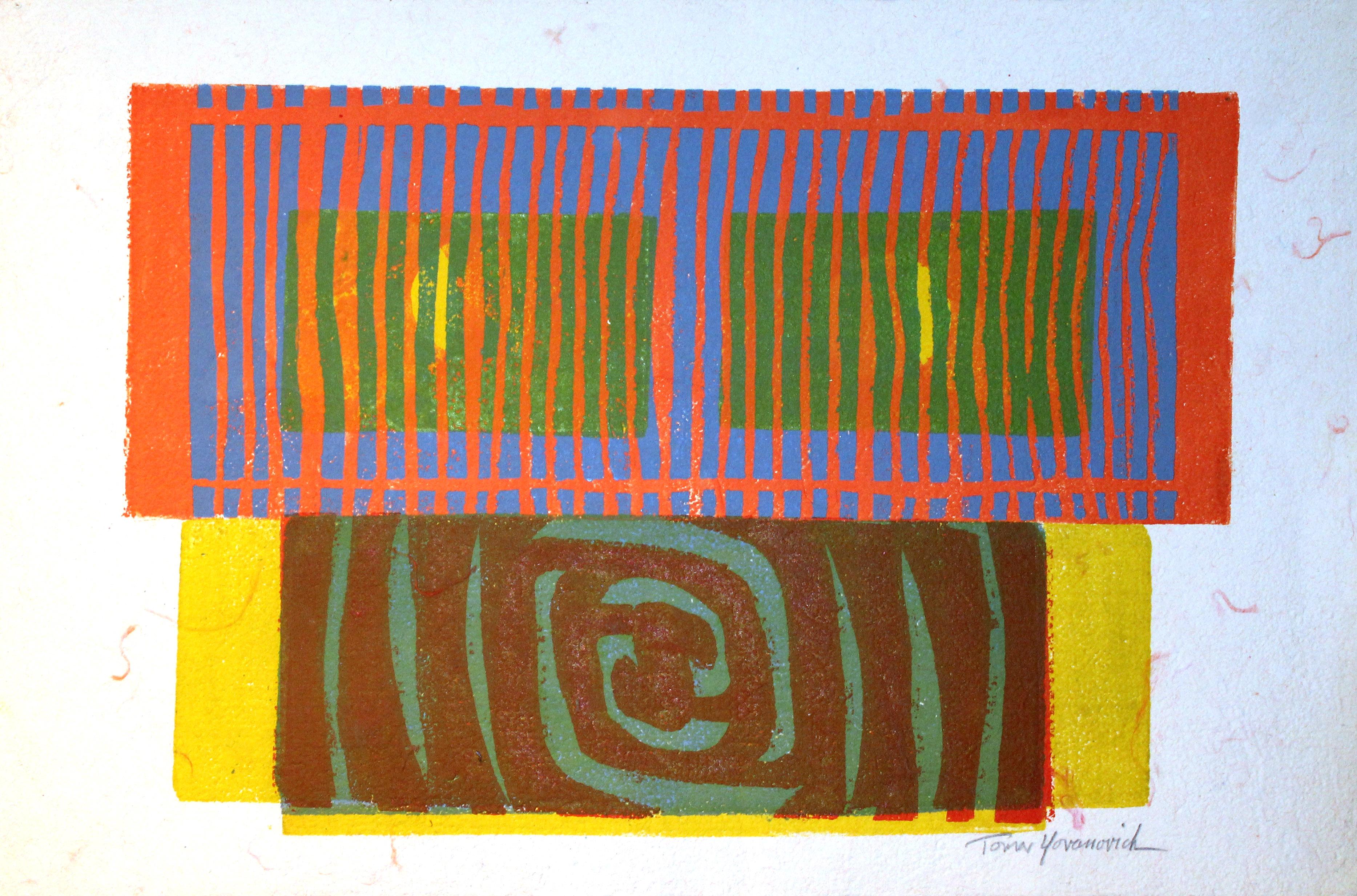 American Mid Century Abstract Monotype Painting Print Abstract Colorful 1960 - Gray Abstract Print by Toma Yovanovich