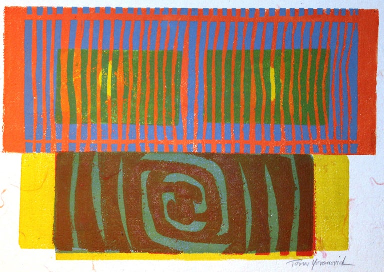 Mid-Century Modern abstract expressionist monotype print by American artist Toma Yovanovich (1931- 2016). Yovanovich's work is found in many public and private collections all over the world. Circa 1960.

This work signed in the lower right comes