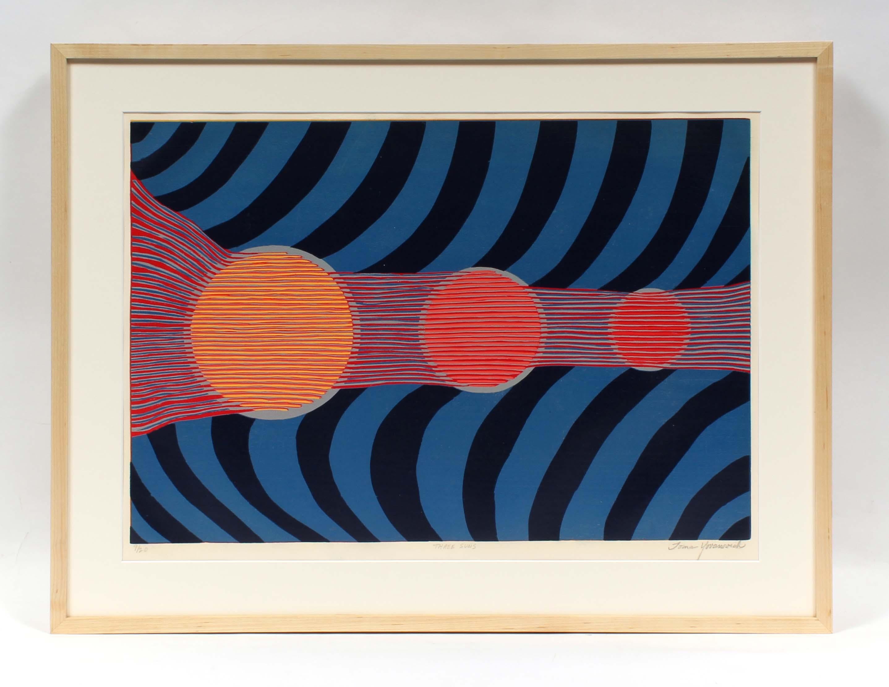 Metà secolo 1960, originale astratto colorato  Woodblock Cerchi geometrici