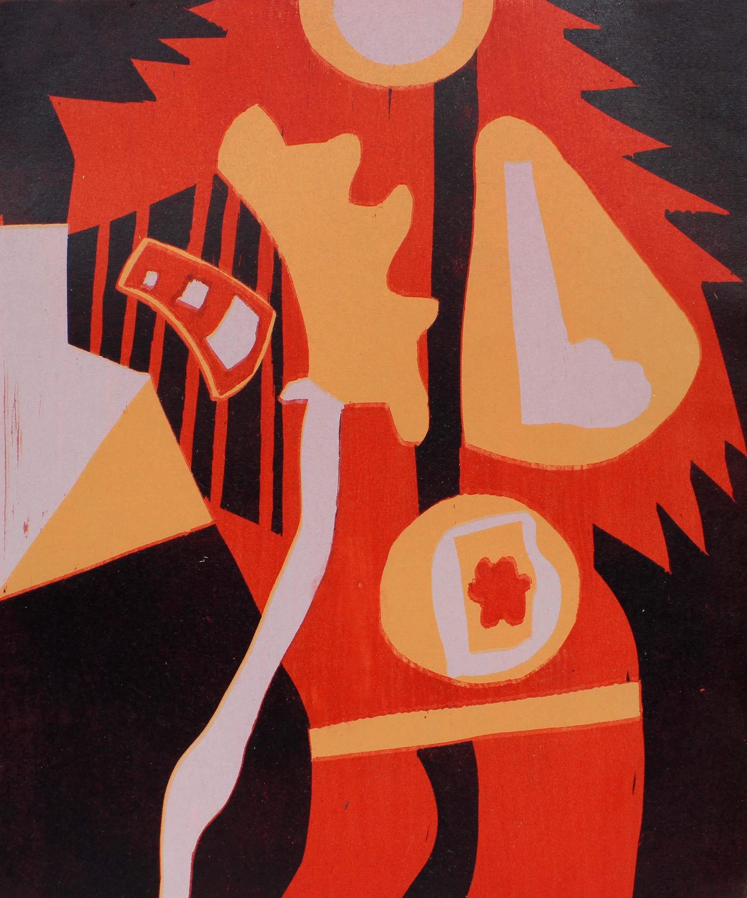 Mid Century 1960's Original Colorful Abstract  Woodblock Figurative Museum - Print by Toma Yovanovich