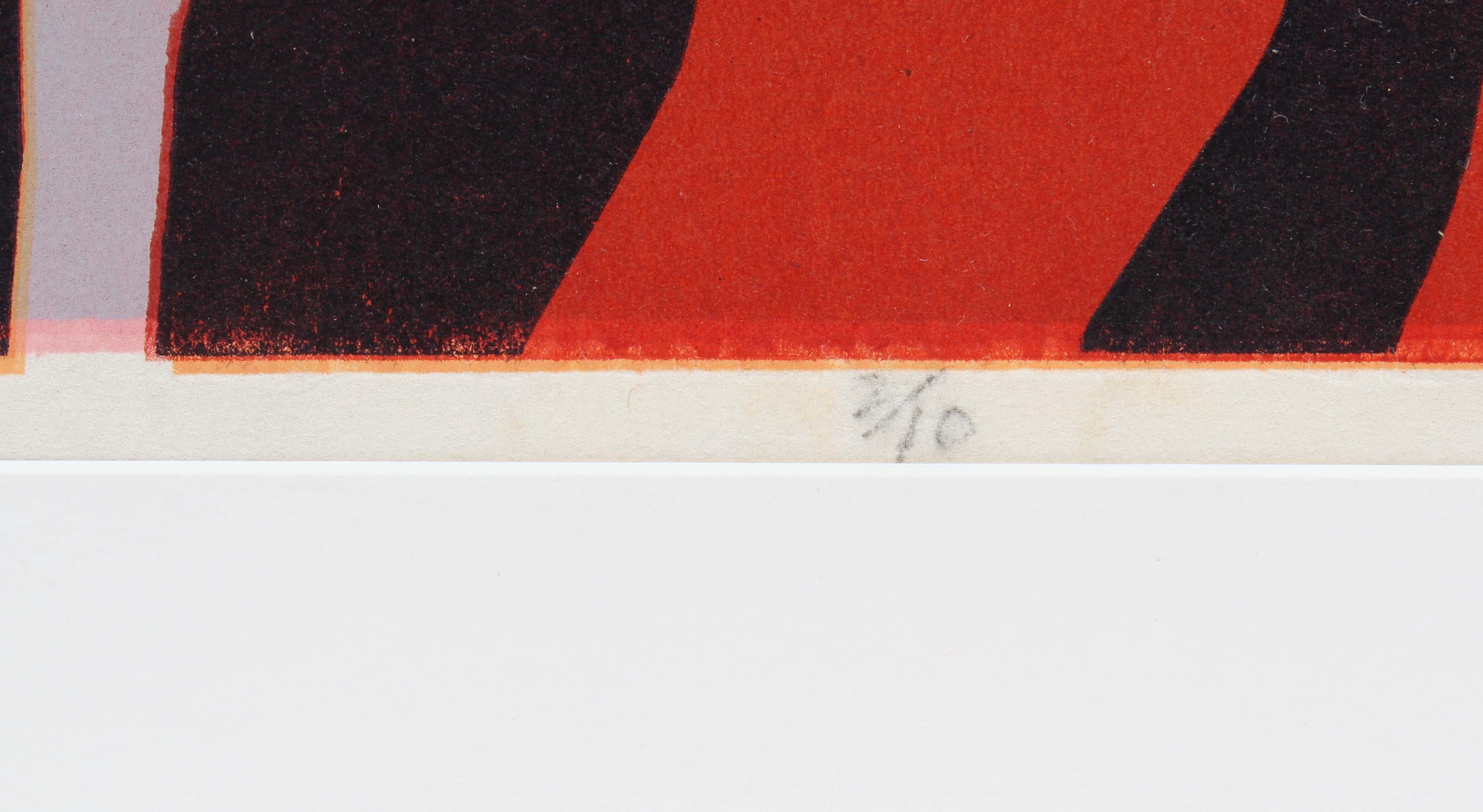 Metà secolo 1960, originale astratto colorato  Museo Figurativo Woodblock - Abstract Print Beige di Toma Yovanovich