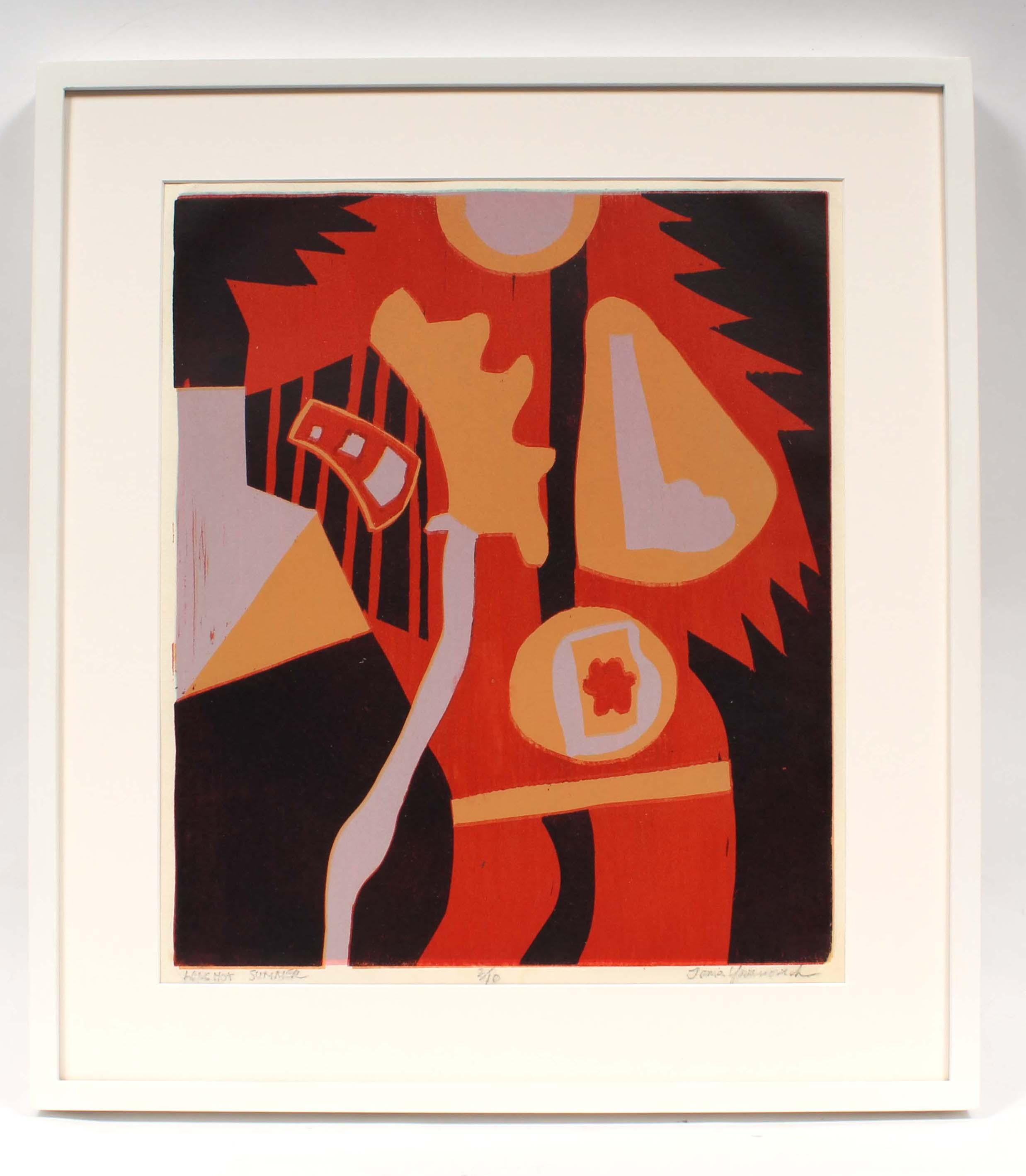 Mid Century 1960's Original Colorful Abstract  Woodblock Figurative Museum For Sale 1