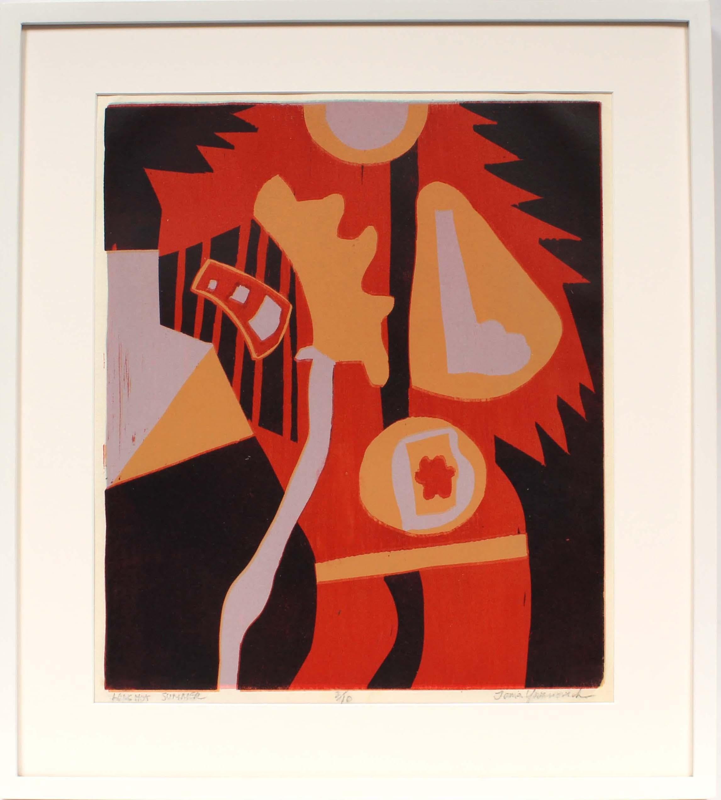 Mid Century 1960's Original Colorful Abstract  Woodblock Figurative Museum