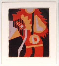 Mid Century 1960's Original Colorful Abstract  Woodblock Figurative Museum