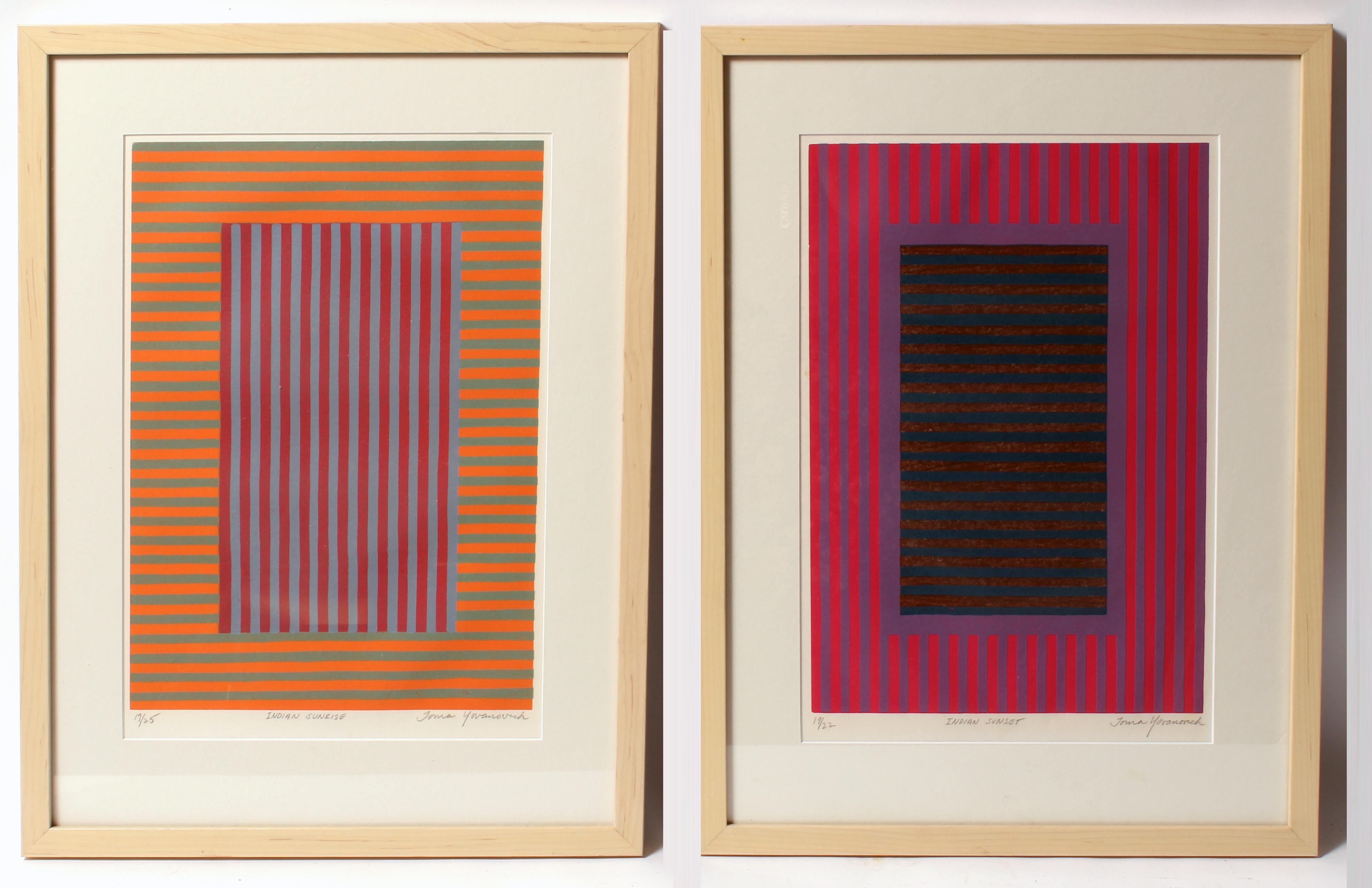 A pair of Mid-Century Modern abstract geometric hard edge wood block prints by American artist Toma Yovanovich (1931- 2016). 

Each work is signed, titled and numbered.  Indian Sunrise and Indian Sunset are the appropriate titles as one if featuring
