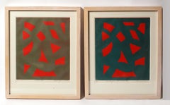 Vintage Toma Yovanovich Pair Woodblock Prints Framed 1960 Abstract Midcentury Geometric
