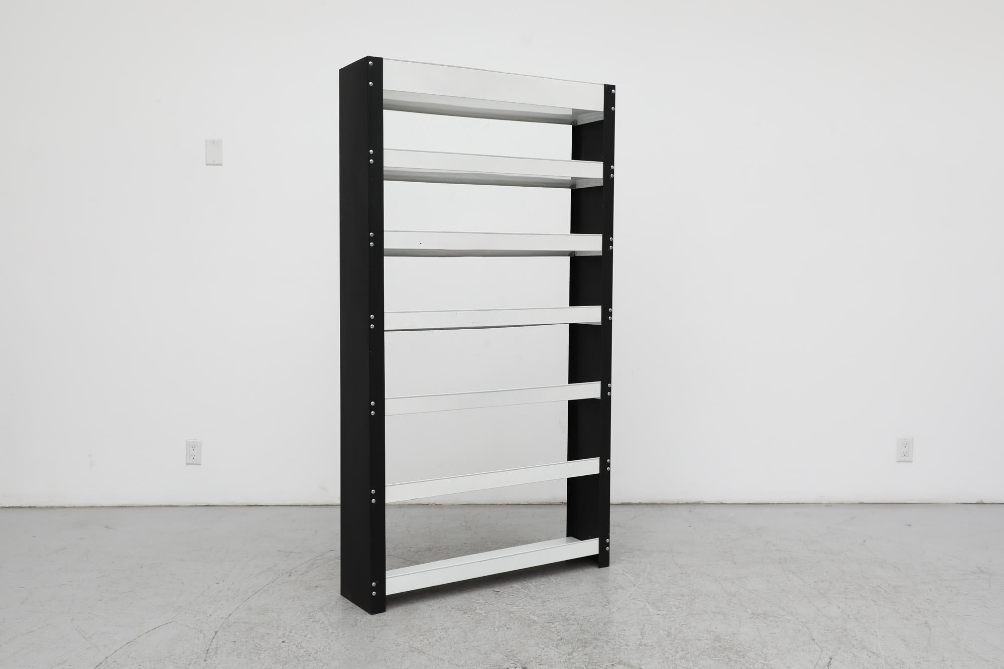 Mid-20th Century TOMADO Black & White Standing Enameled metal Book Shelves For Sale