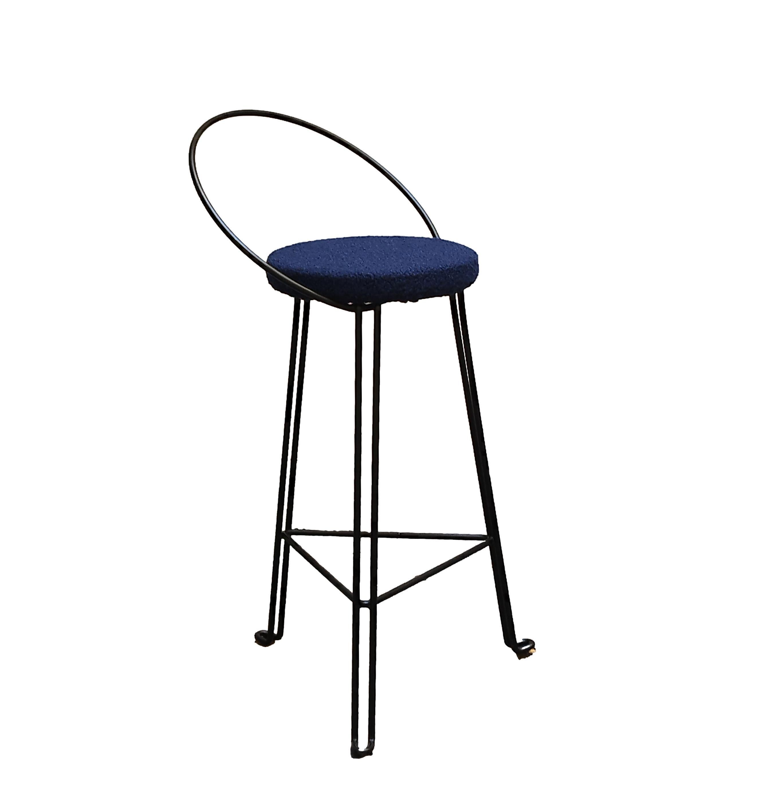 Italian Tomado Style Black Metal Stool with Round Backrest, Italy 1970s For Sale