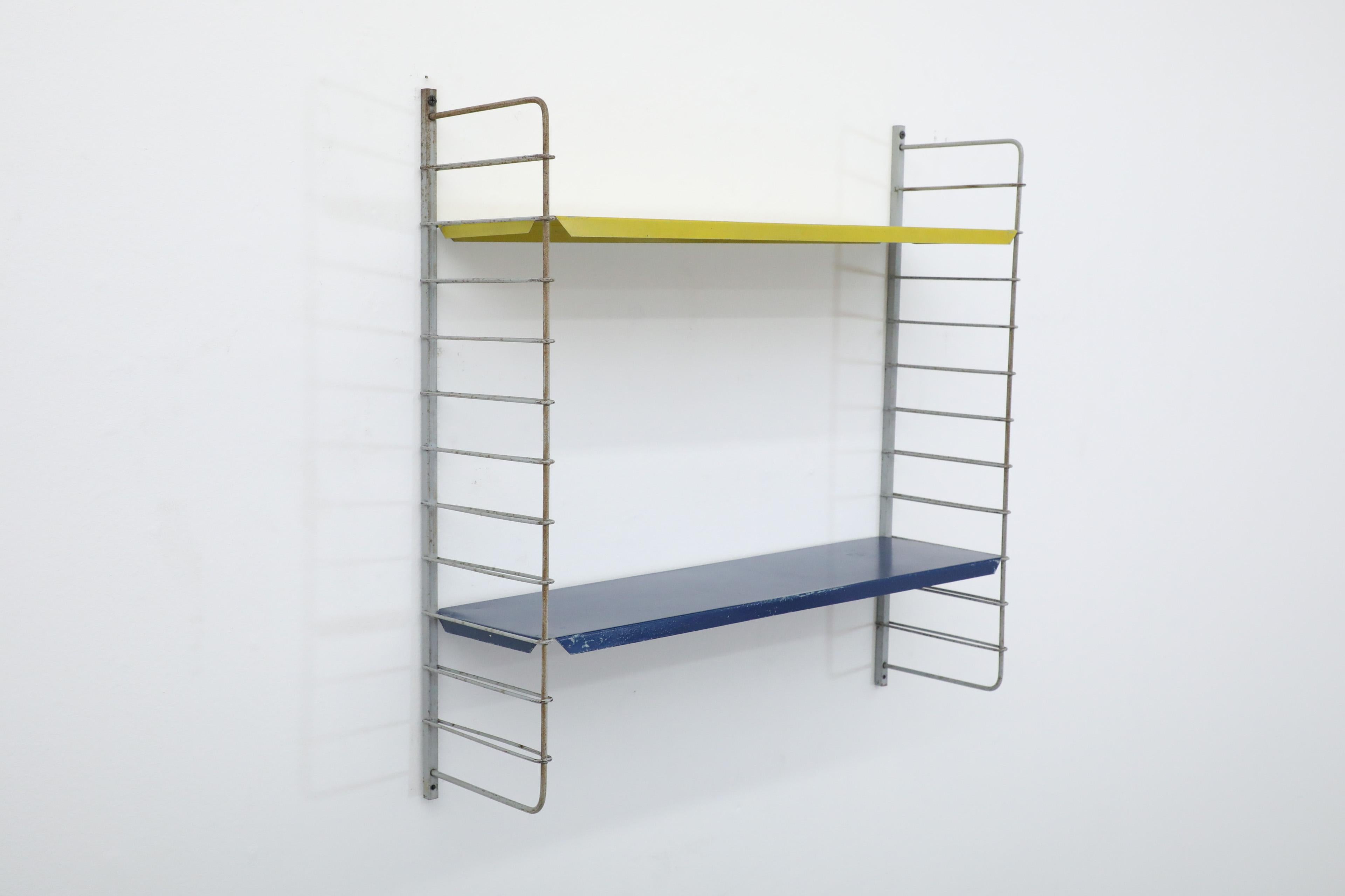 Dutch Tomado Style Single Section Shelving Unit with Yellow and Blue Shelves For Sale