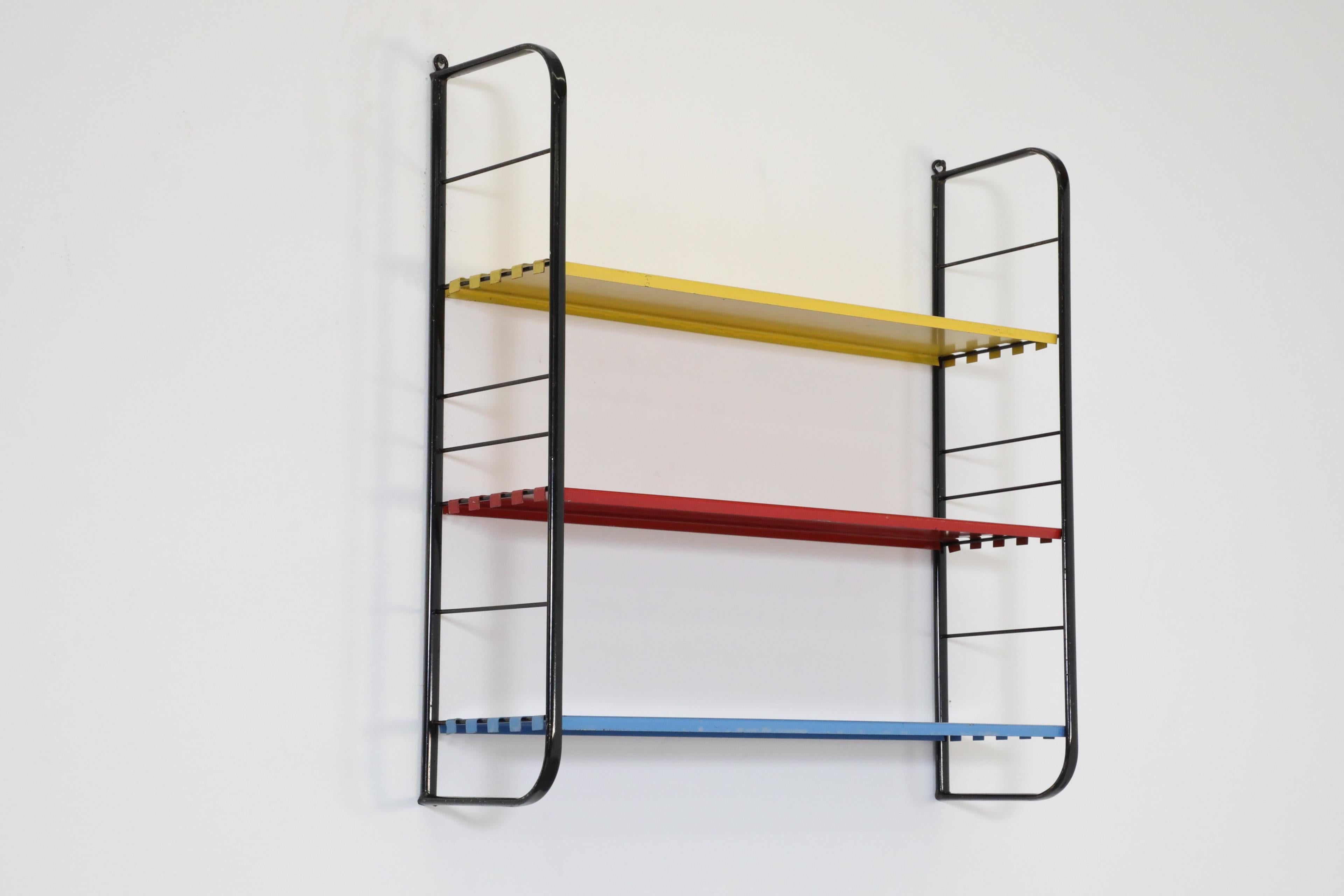Dutch Tomado Style Wall Shelving Unit w/ Black Frame and Yellow, Red, & Blue Shelves For Sale