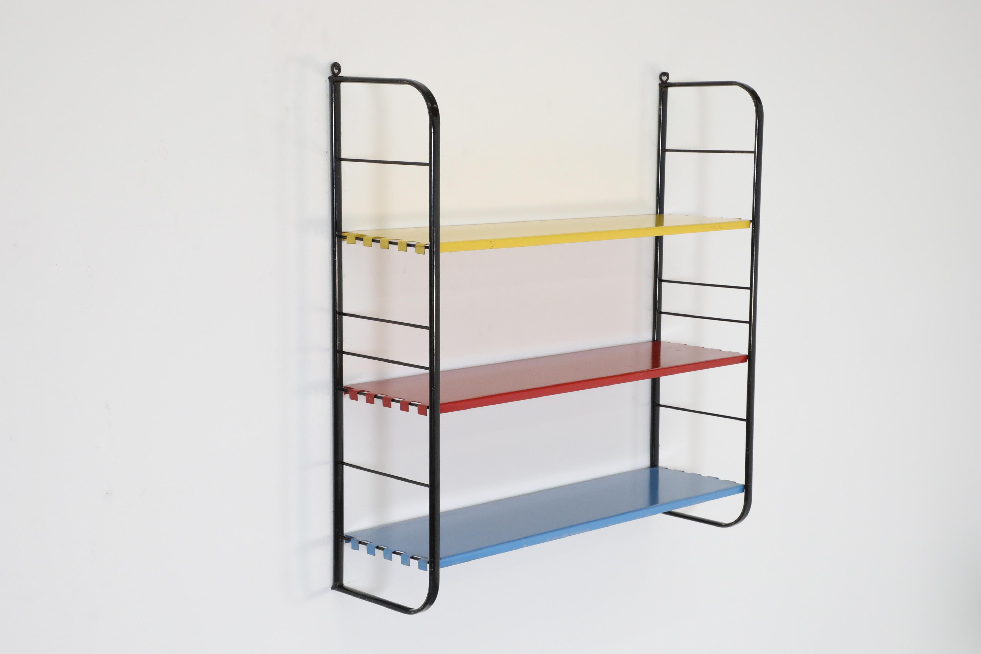 Enameled Tomado Style Wall Shelving Unit w/ Black Frame and Yellow, Red, & Blue Shelves For Sale
