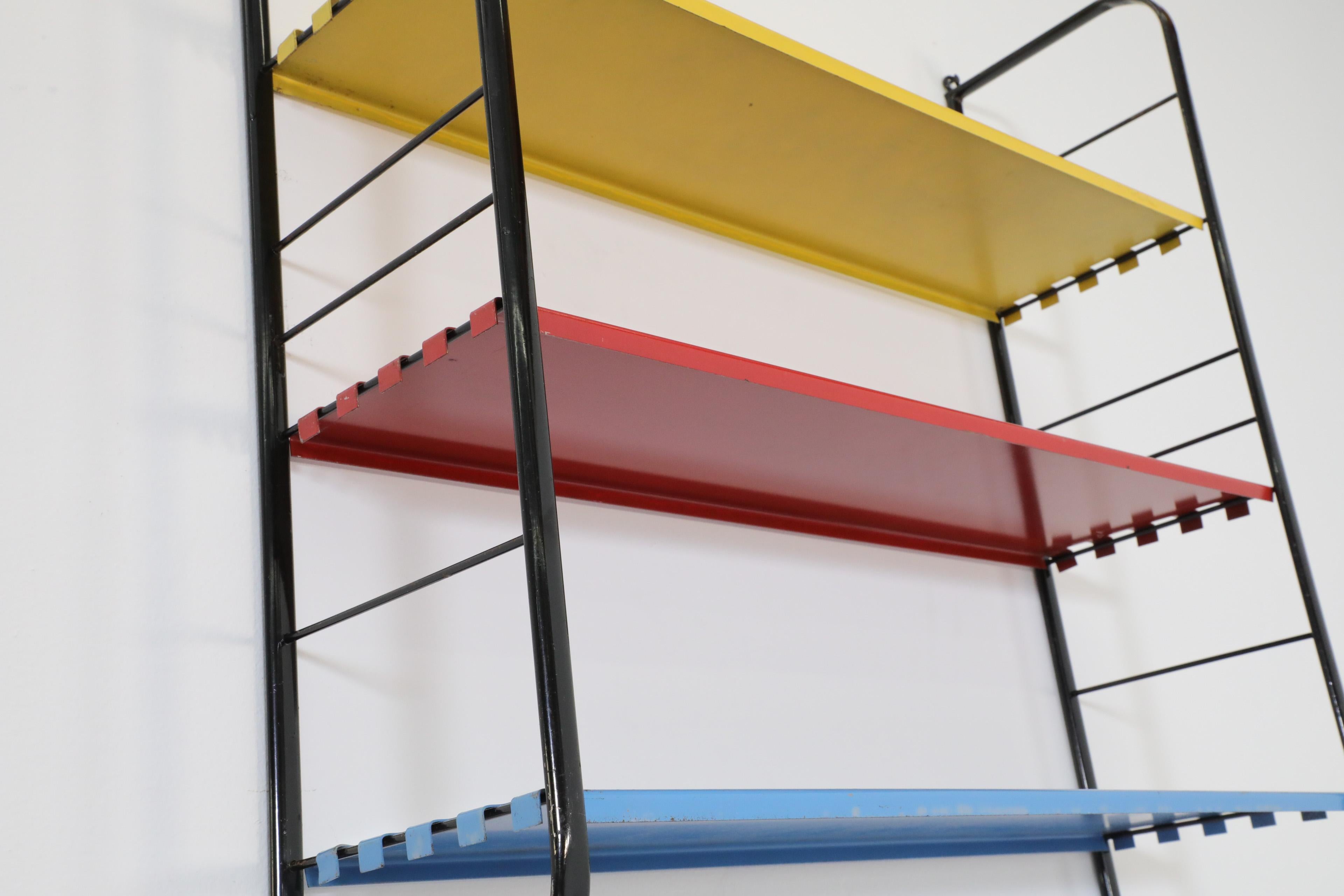 Tomado Style Wall Shelving Unit w/ Black Frame and Yellow, Red, & Blue Shelves In Good Condition For Sale In Los Angeles, CA