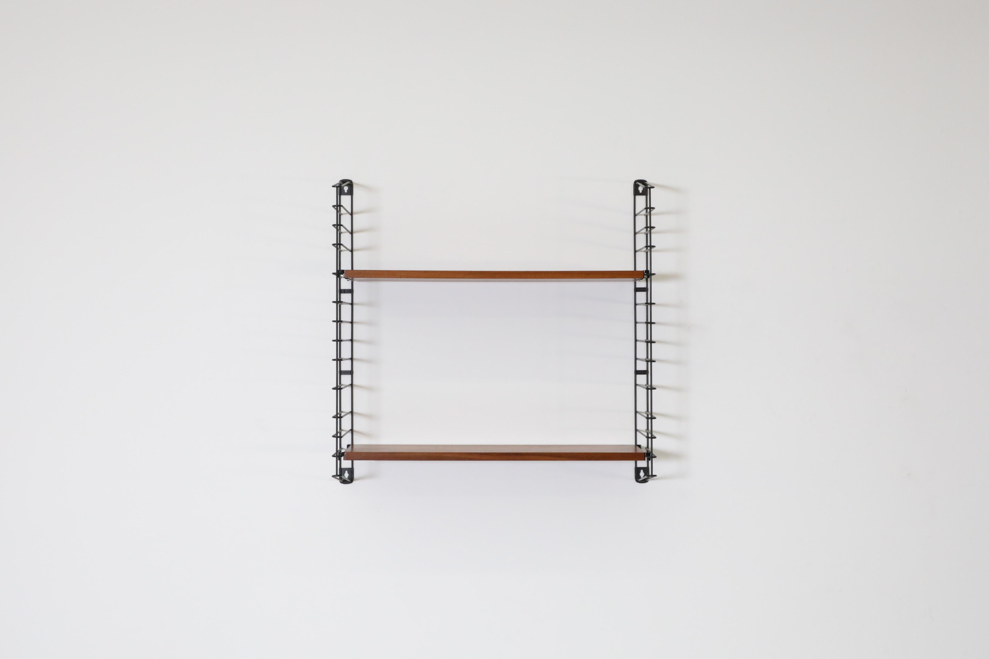 Mid-Century Modern Tomado Teak Wall Mount Shelves with Black Wire Risers For Sale