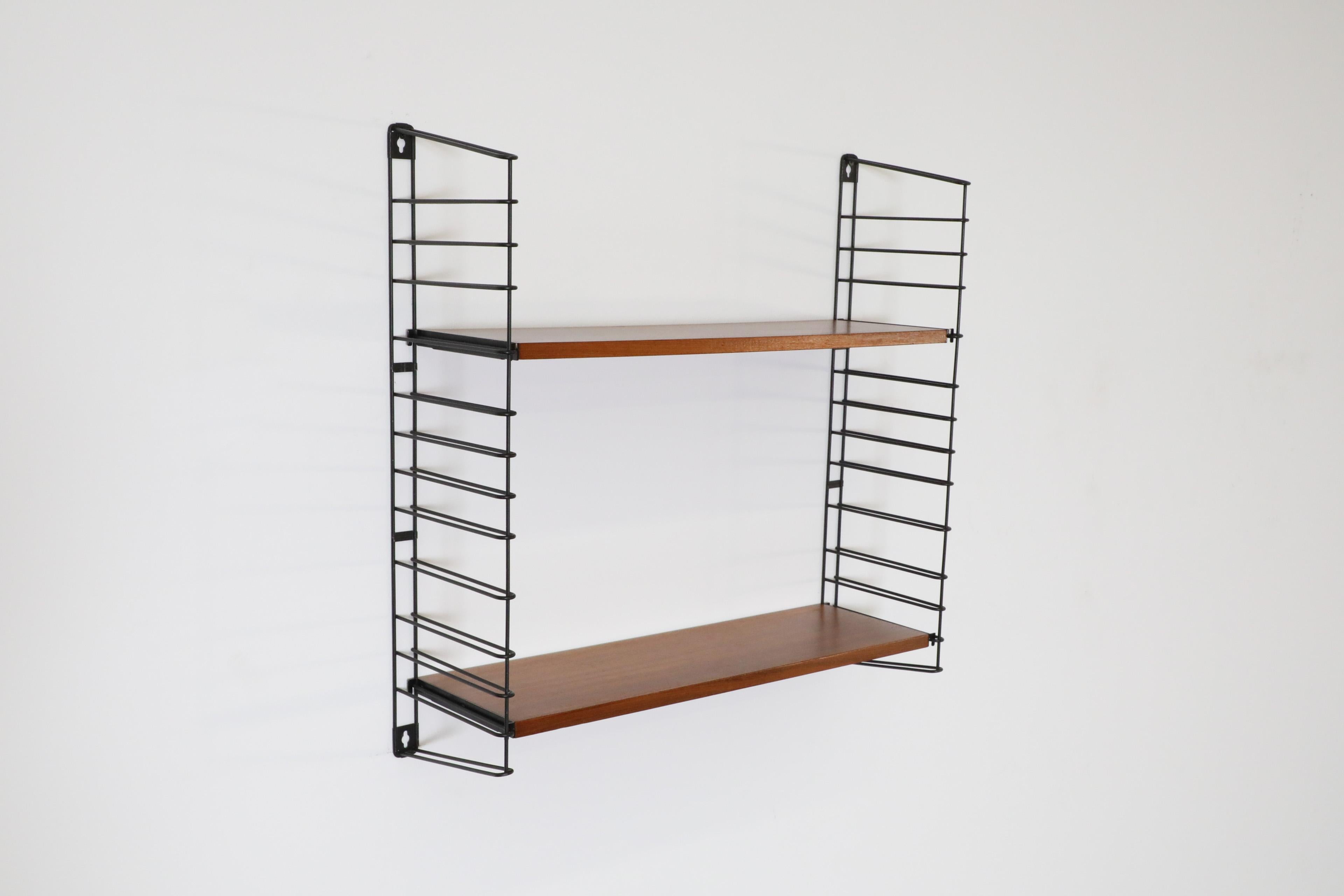 Dutch Tomado Teak Wall Mount Shelves with Black Wire Risers For Sale