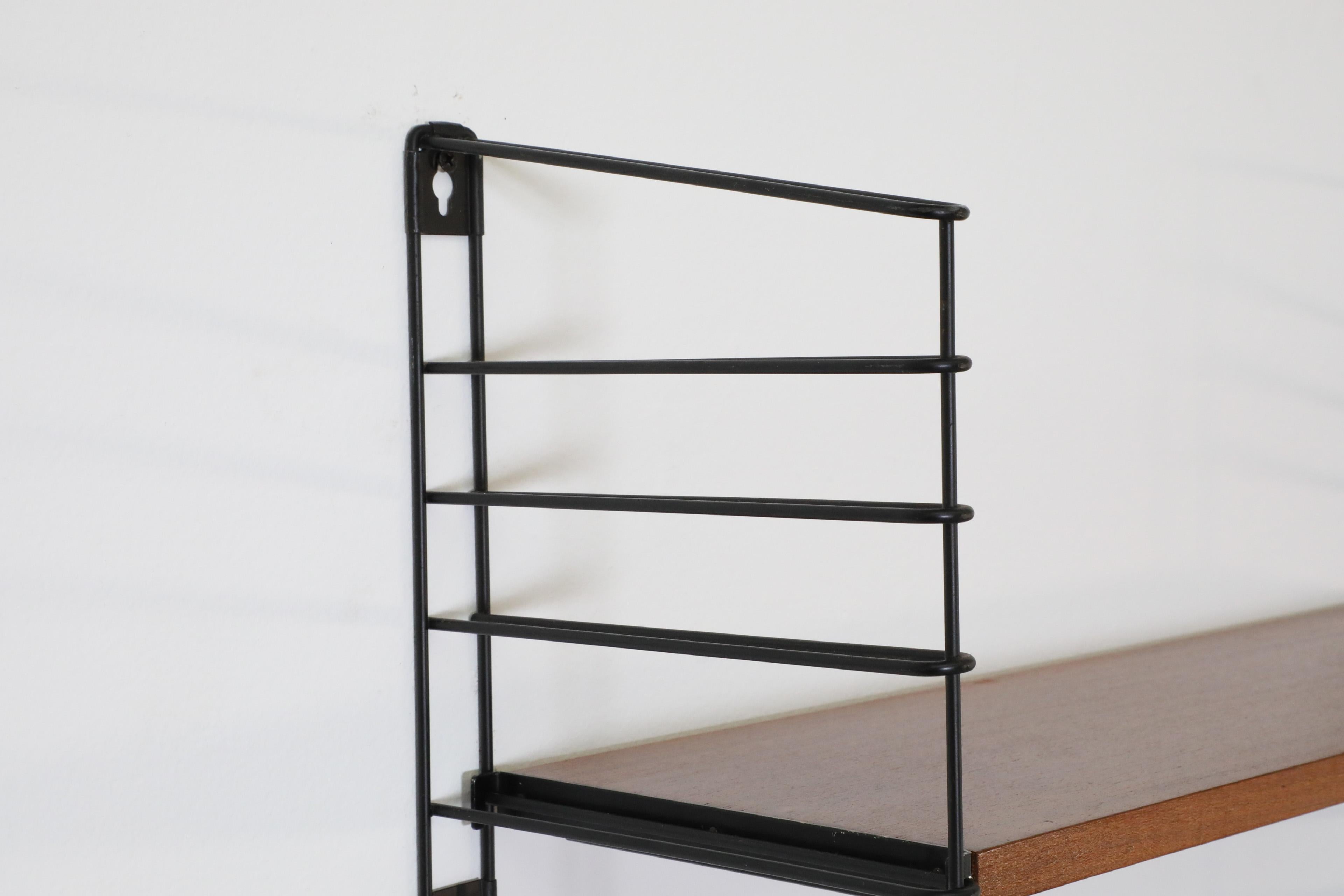 Enameled Tomado Teak Wall Mount Shelves with Black Wire Risers For Sale