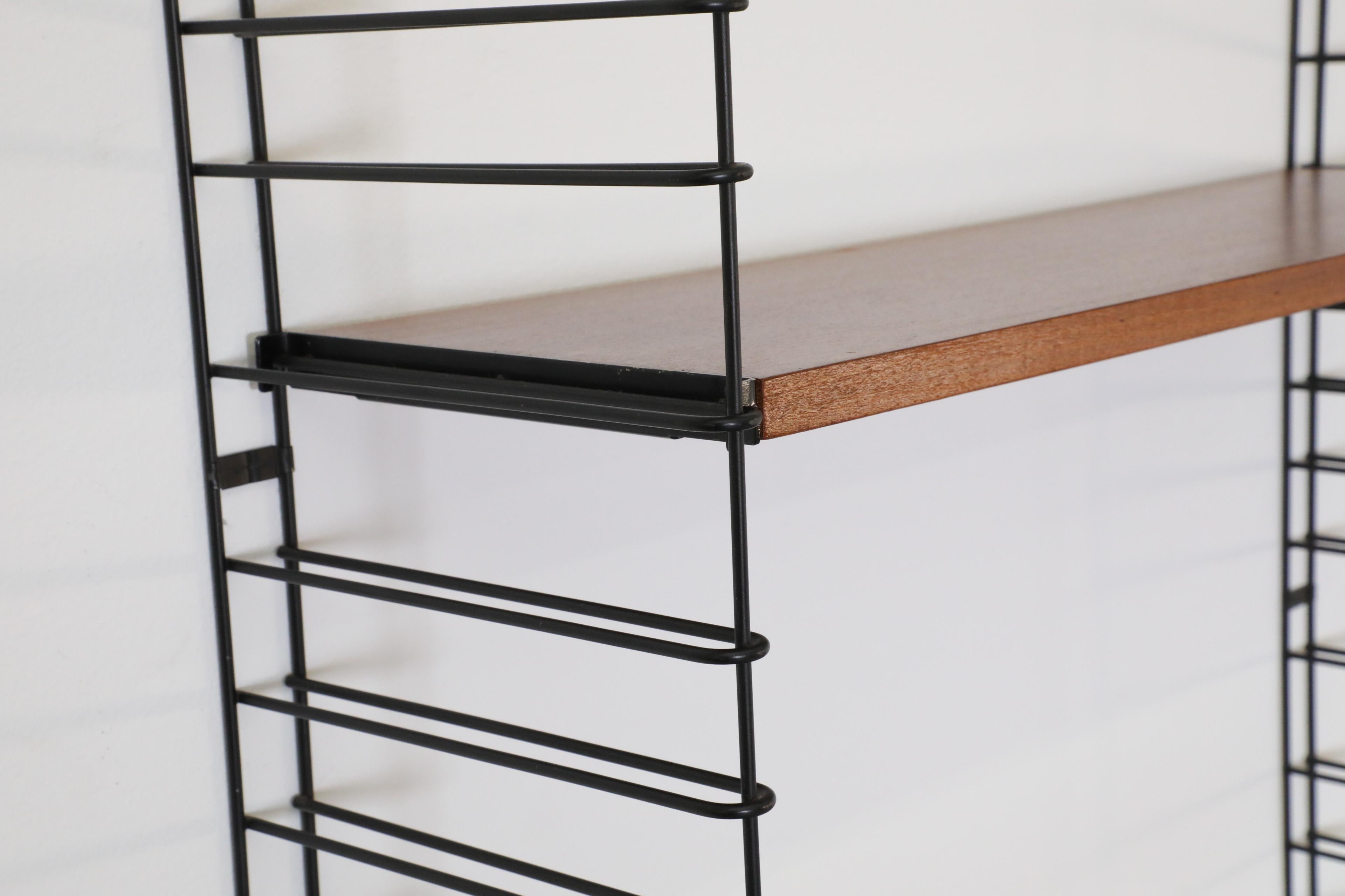 Tomado Teak Wall Mount Shelves with Black Wire Risers In Good Condition For Sale In Los Angeles, CA