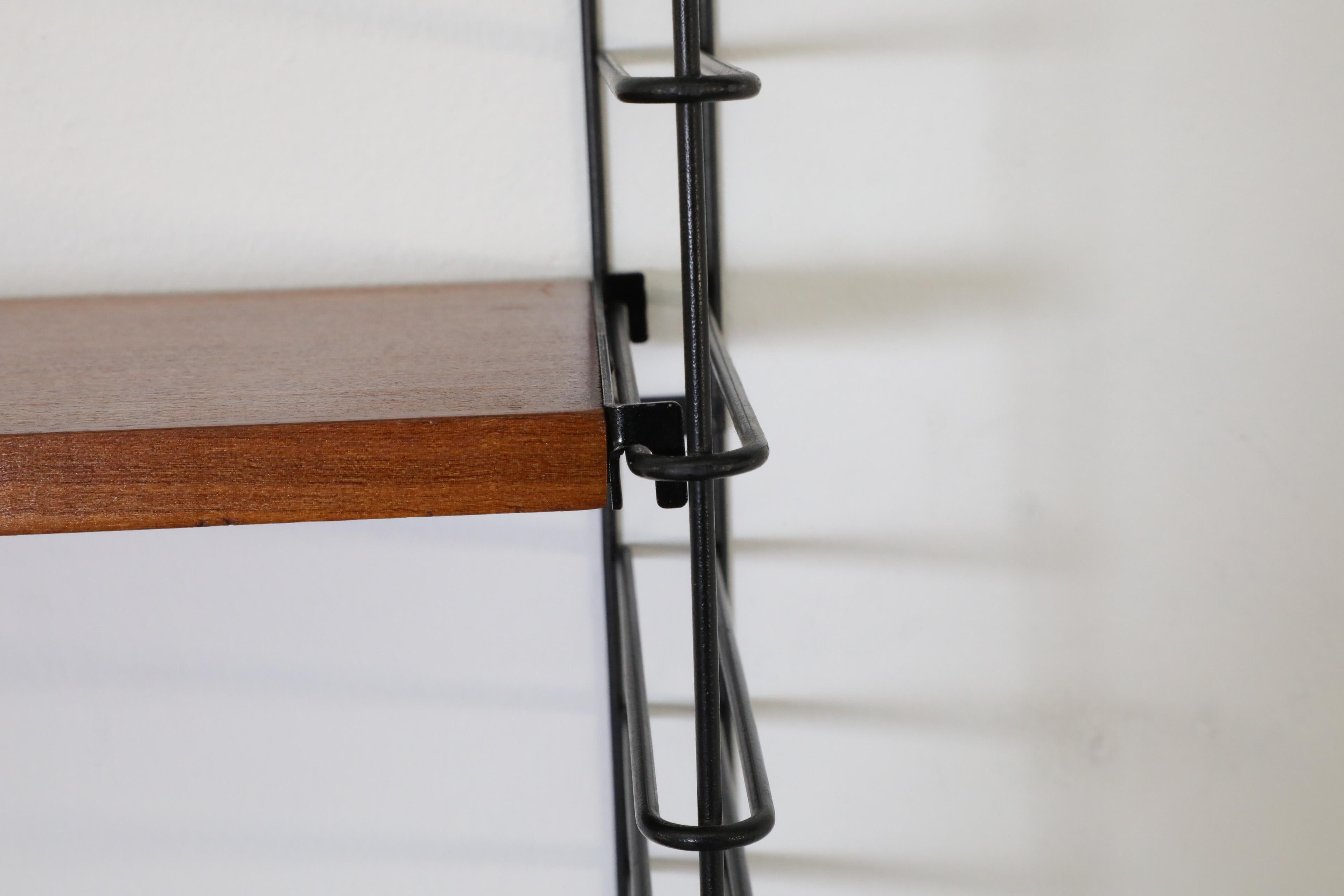 Metal Tomado Teak Wall Mount Shelves with Black Wire Risers For Sale