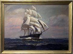 Grande peinture à l'huile ancienne de T. BAILEY Peinture à l'huile sur toile, paysage marin "California Clipper".