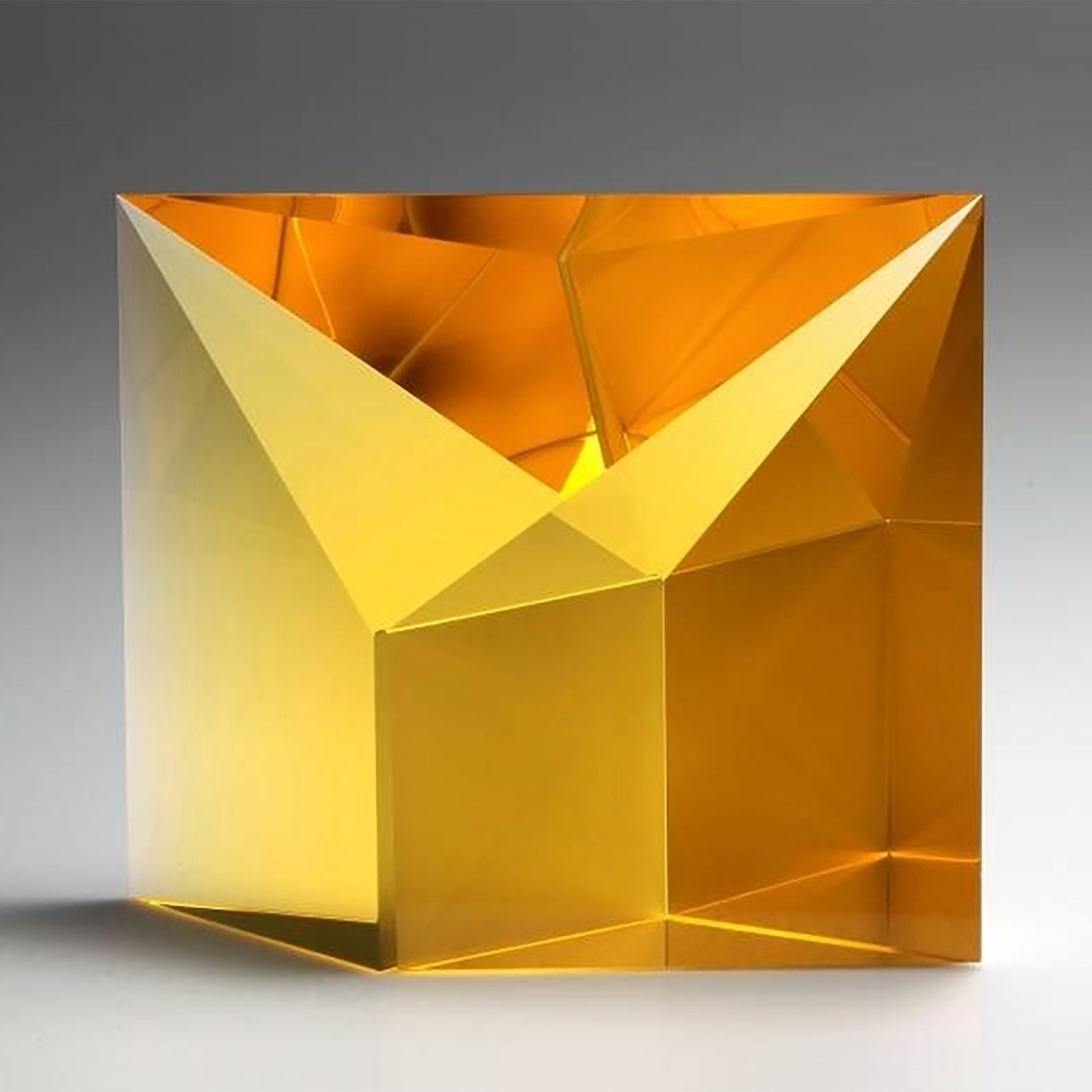 Tomas Brzon Figurative Sculpture - Gold Amber Reflection, Cast, Cut  and Polished Glass Sculpture