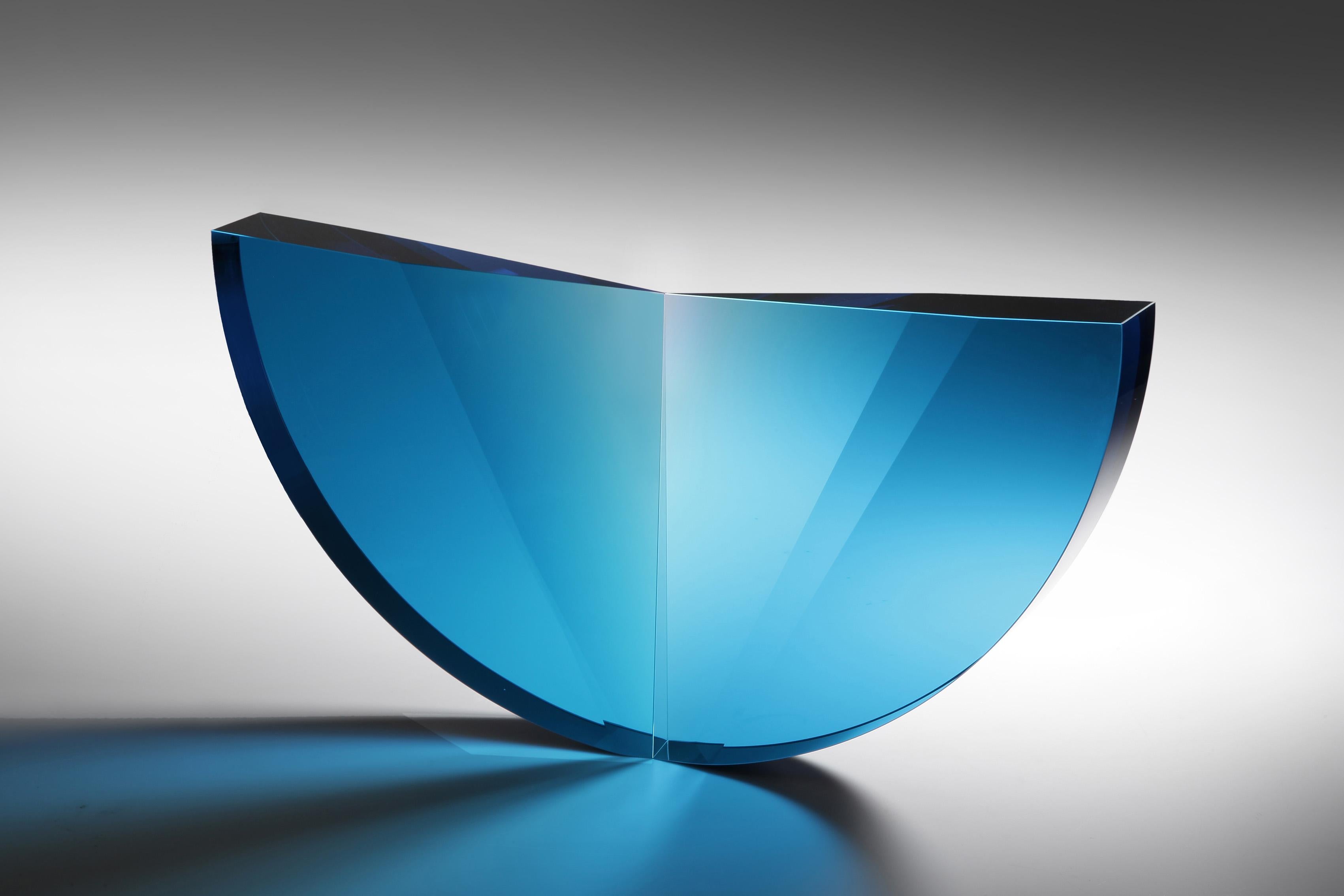 'Turquoise Tapered Semicircle', Cast, Cut  and Polished Glass Sculpture - Blue Abstract Sculpture by Tomas Brzon