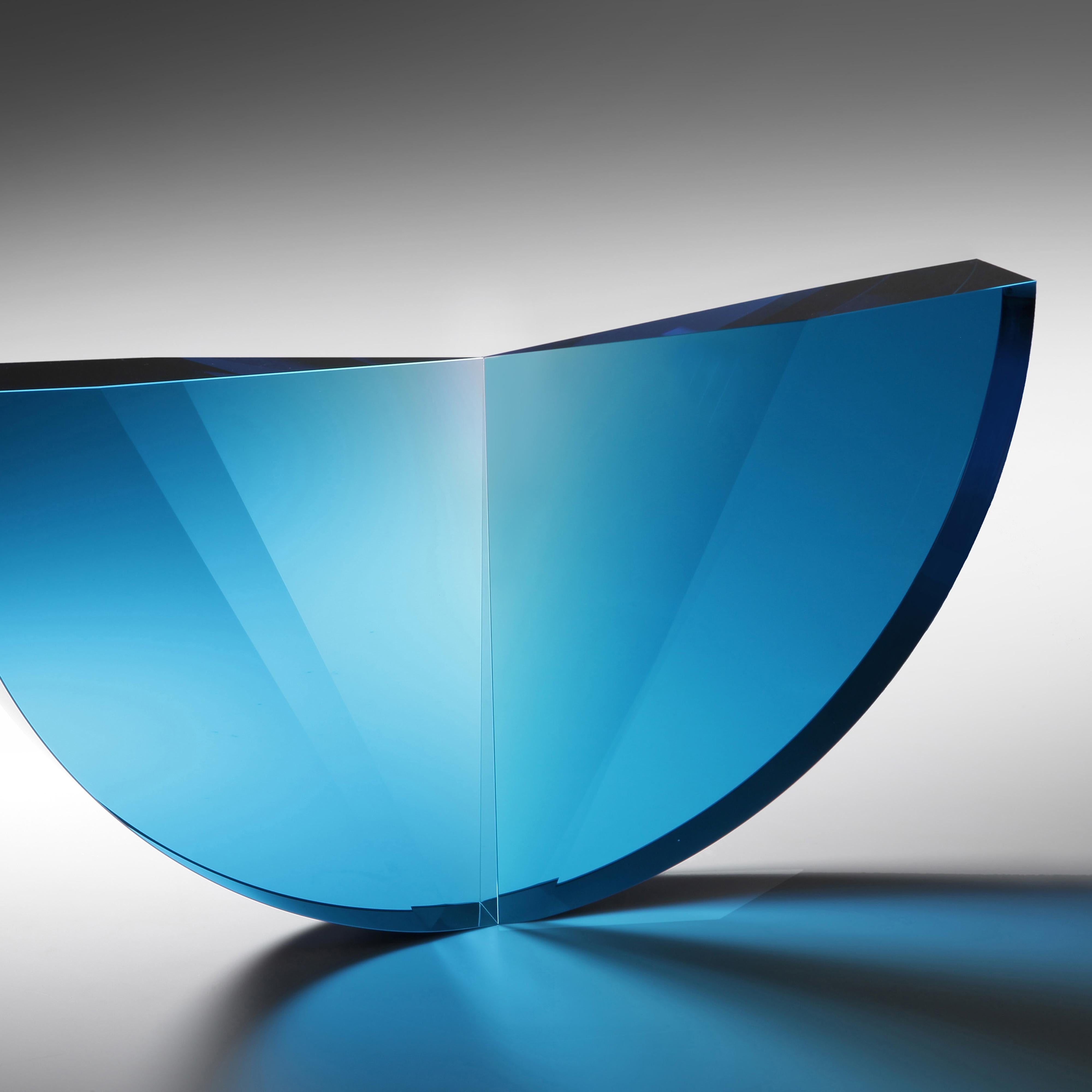 Tomas Brzon Abstract Sculpture - 'Turquoise Tapered Semicircle', Cast, Cut  and Polished Glass Sculpture