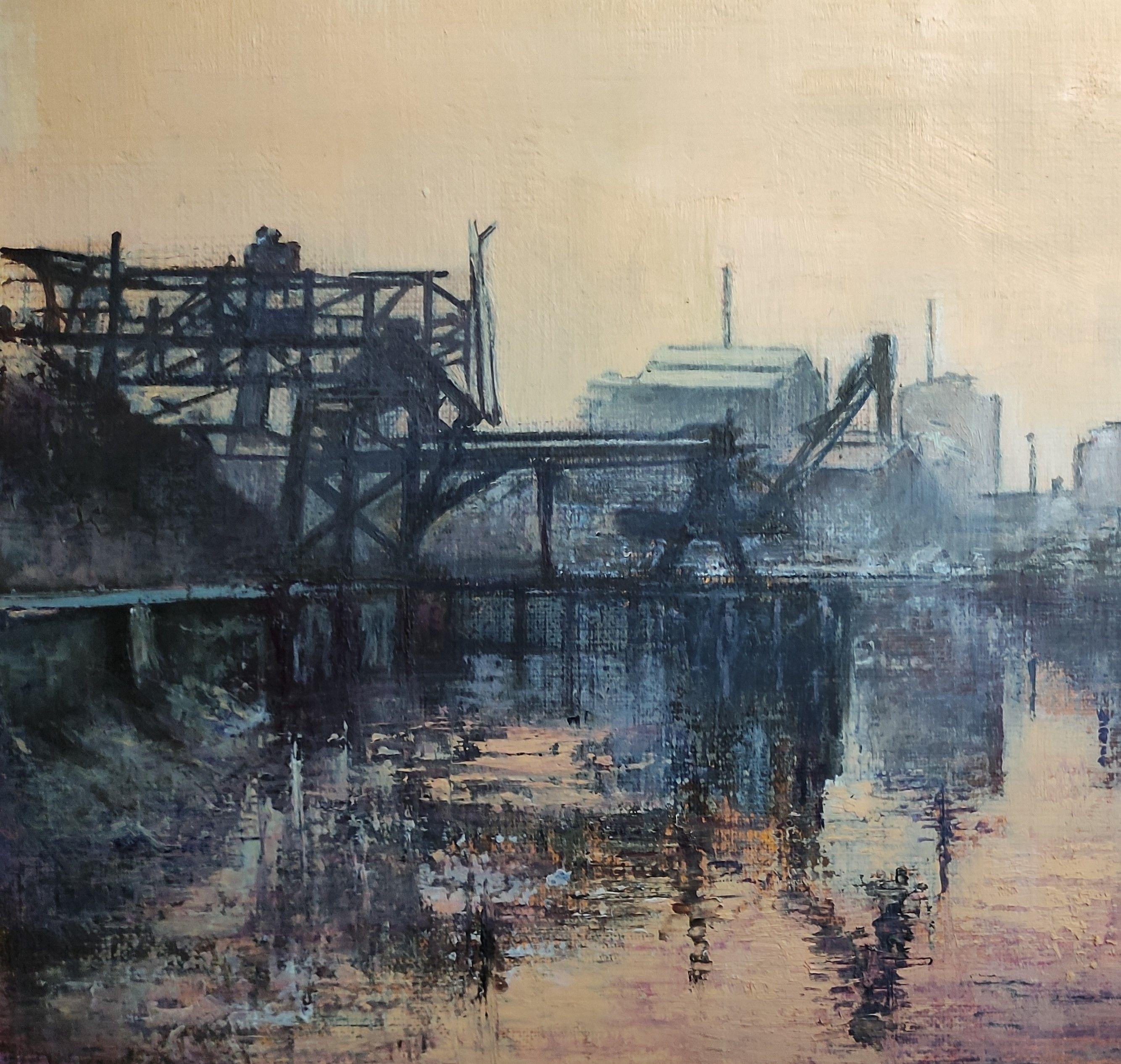 Bilbao Industriell, Gemälde, Öl auf Papier im Angebot 1