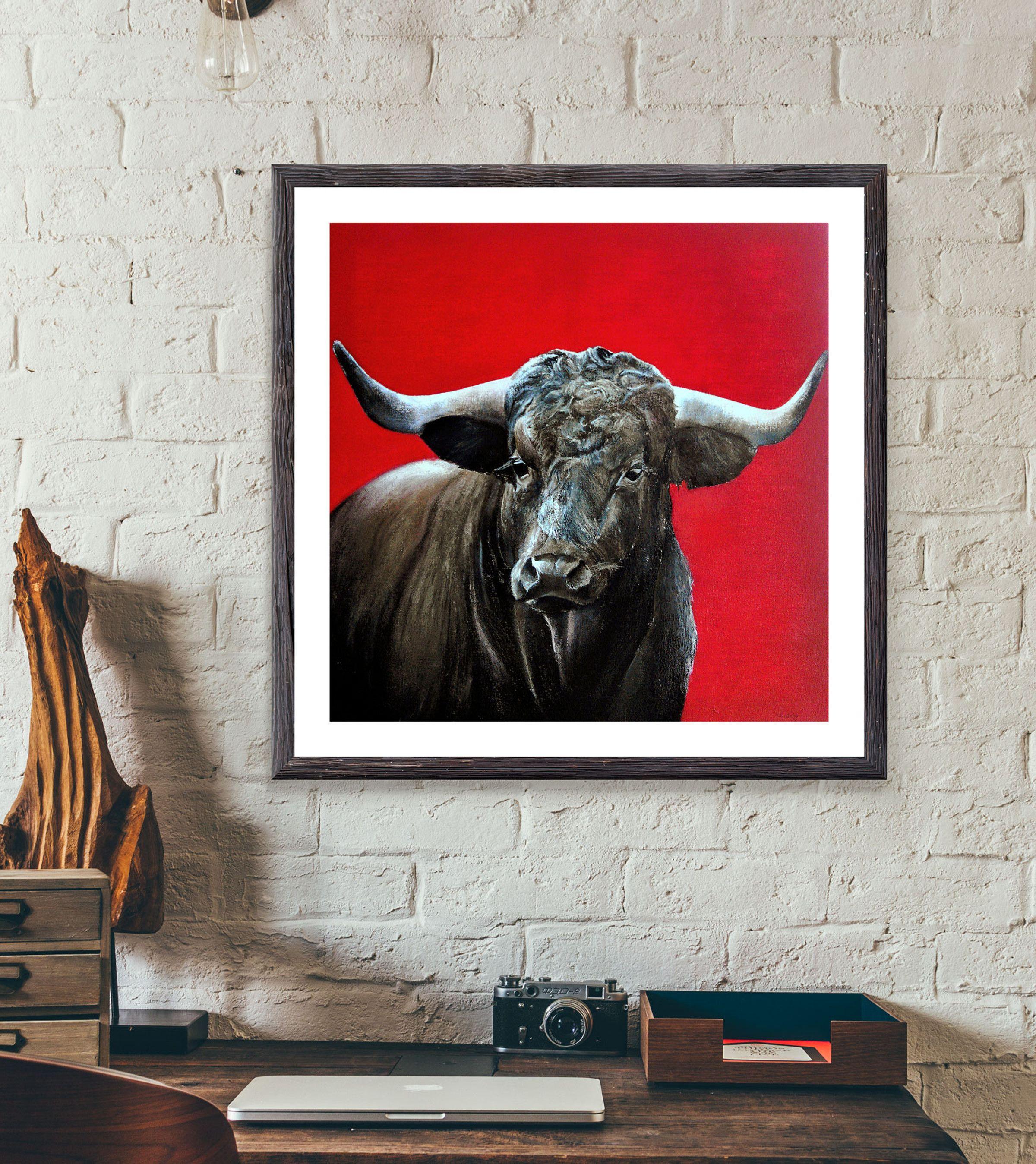 Brave bull on red, Painting, Oil on Canvas For Sale 1