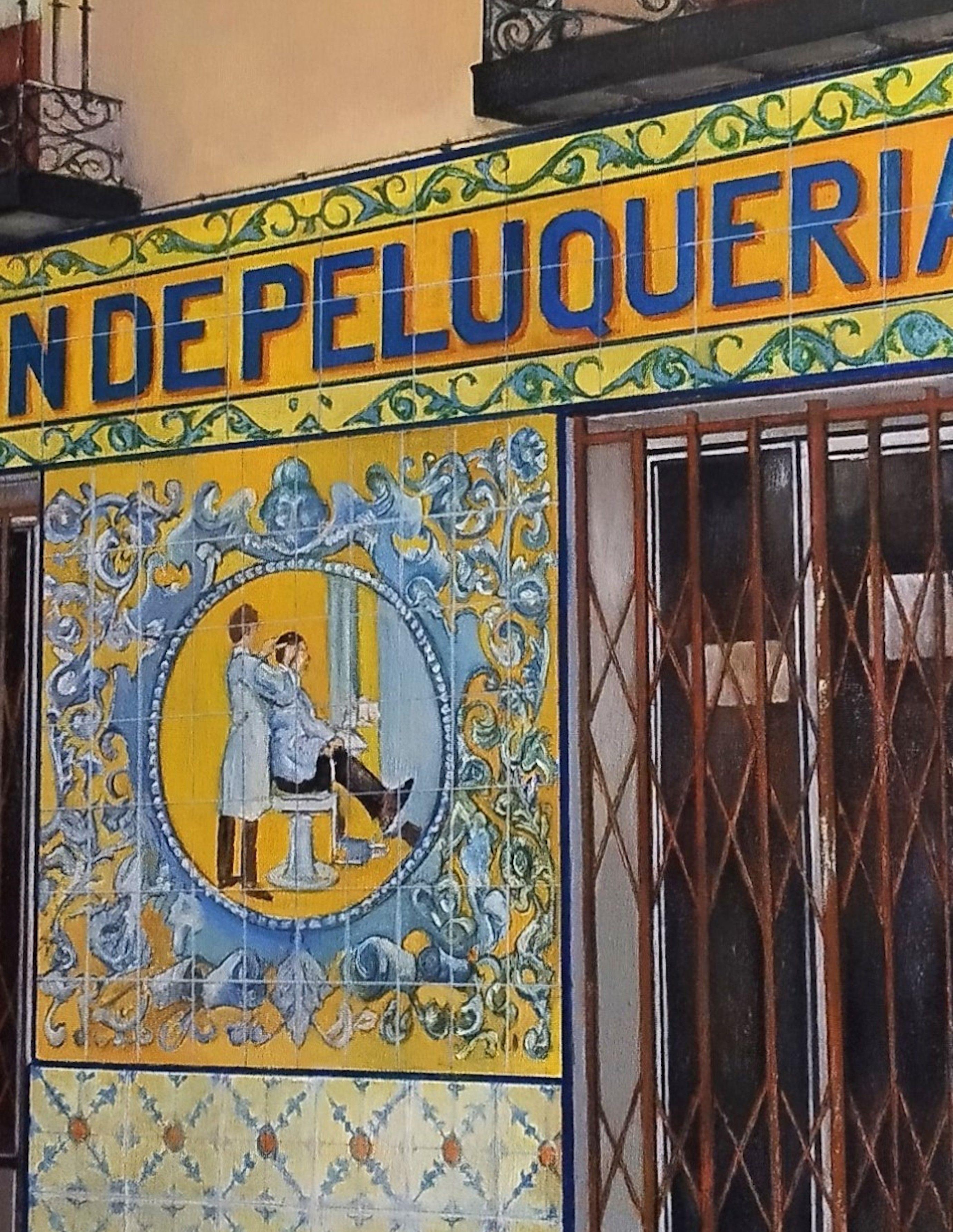Salon mit altem Haar – Madrid, Gemälde, Öl auf Leinwand im Angebot 1