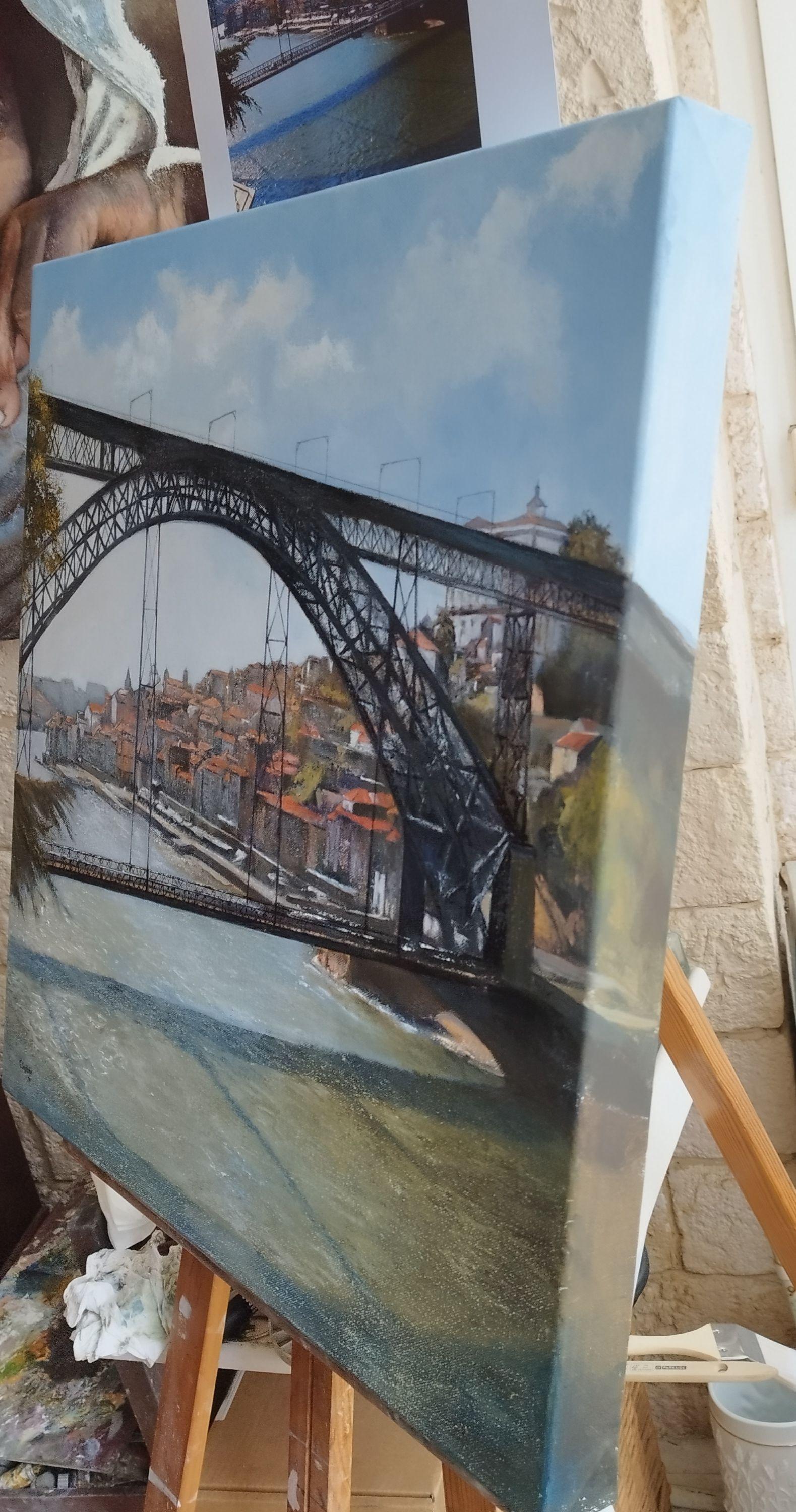 In diesem Werk habe ich Impressionismus und Realismus miteinander verbunden, um die robuste Eleganz der Brücke und die Lebendigkeit des alten Viertels, das in ihrem Schatten liegt, einzufangen. Ich habe Ölfarbe verwendet, um die sanften Farbtöne des