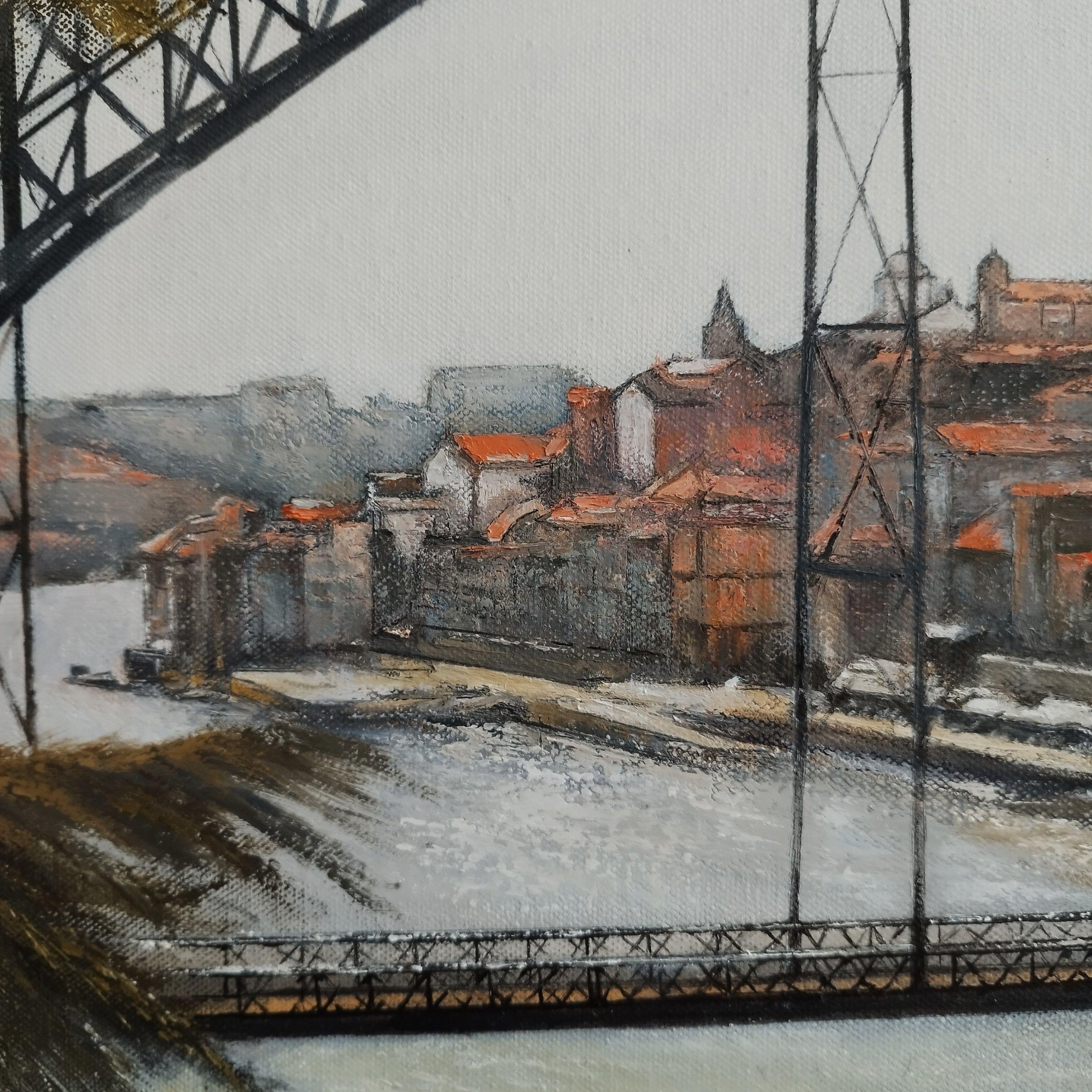 DON LUIS I Brücke schloss  PORTO, Gemälde, Öl auf Leinwand im Angebot 1