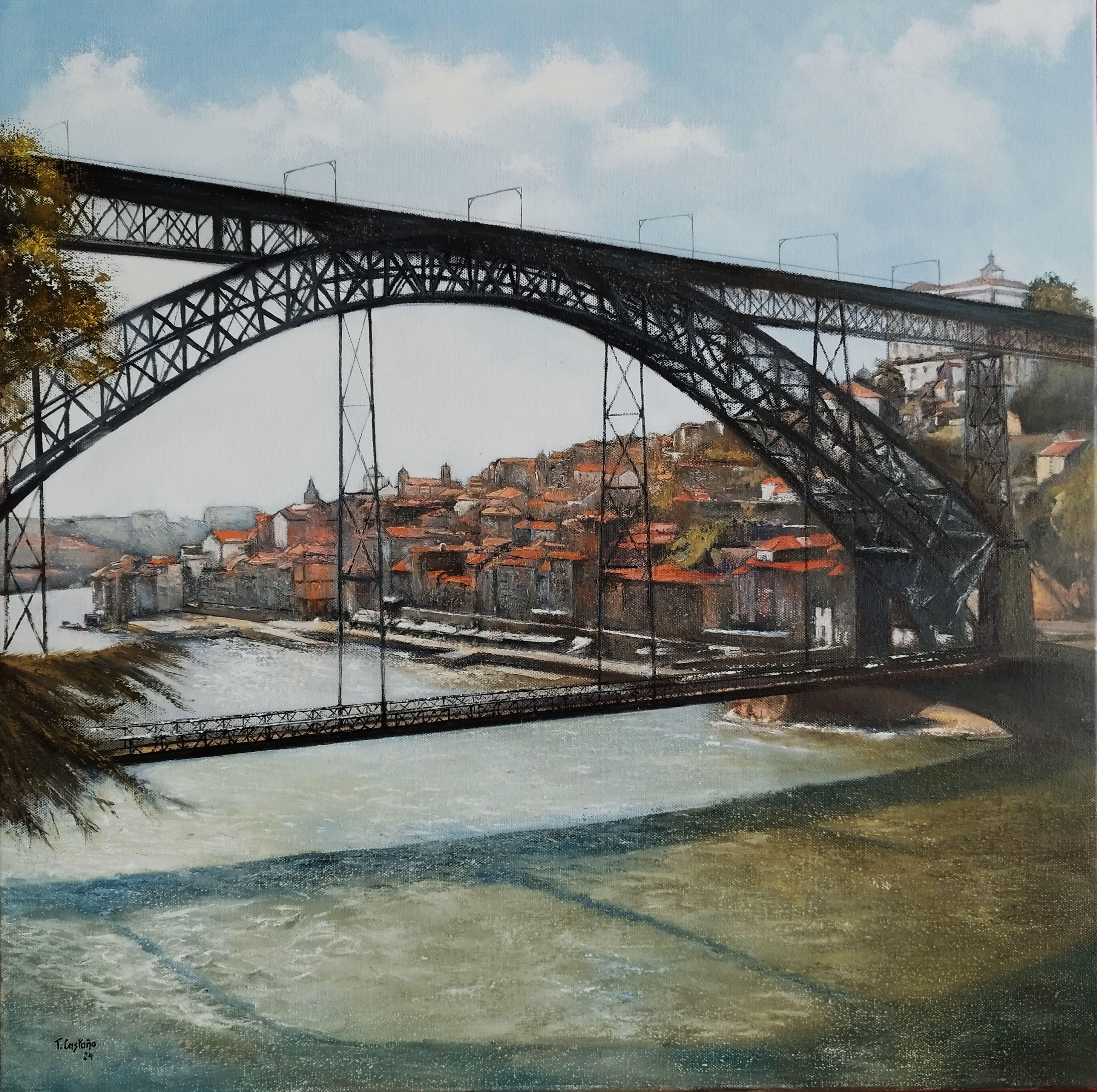 DON LUIS I Brücke schloss  PORTO, Gemälde, Öl auf Leinwand – Painting von Tomas Castaã'o