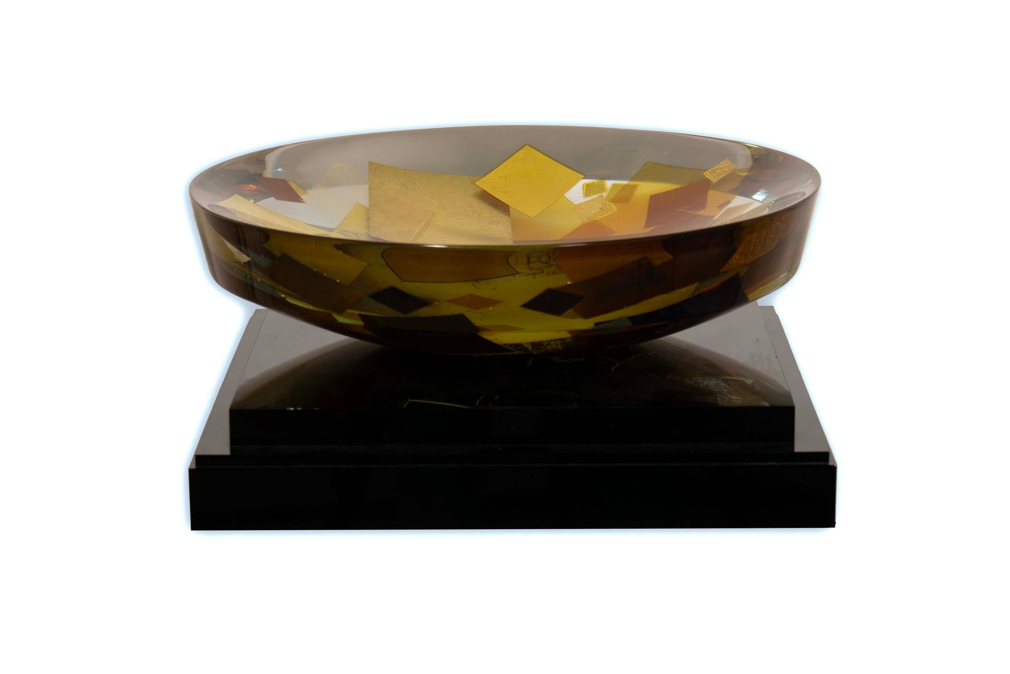 Czech Tomas Hlavicka Bon Appetite Fused Art Glass & Gold Leaf Bowl on Base 2004