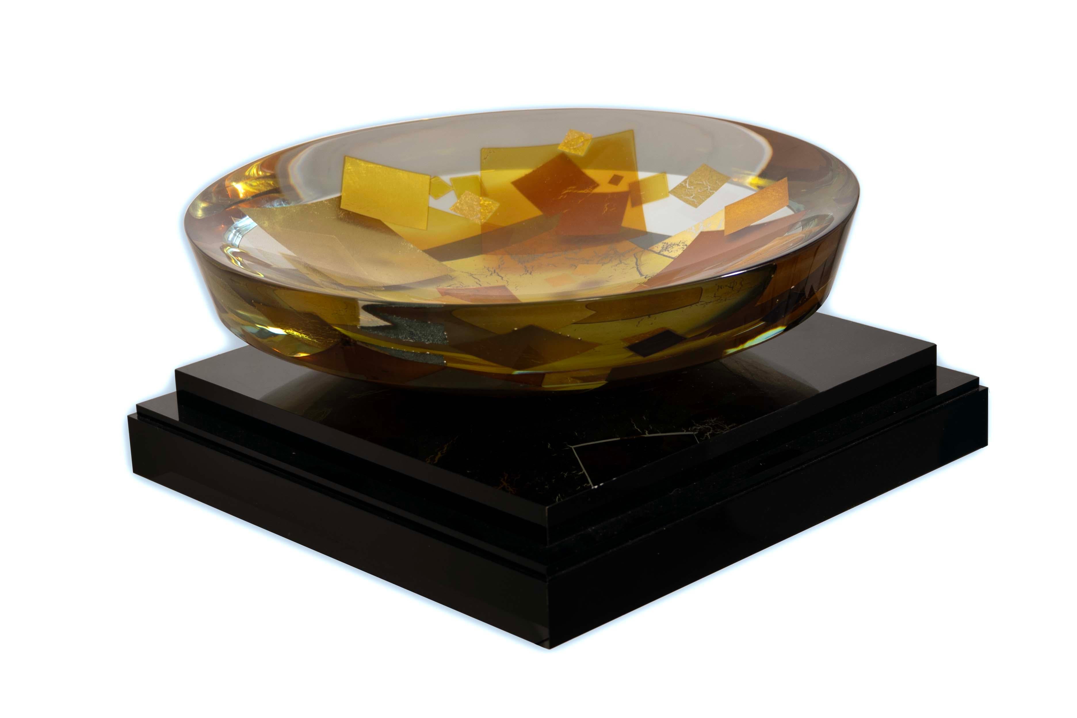 Contemporary Tomas Hlavicka Bon Appetite Fused Art Glass & Gold Leaf Bowl on Base 2004