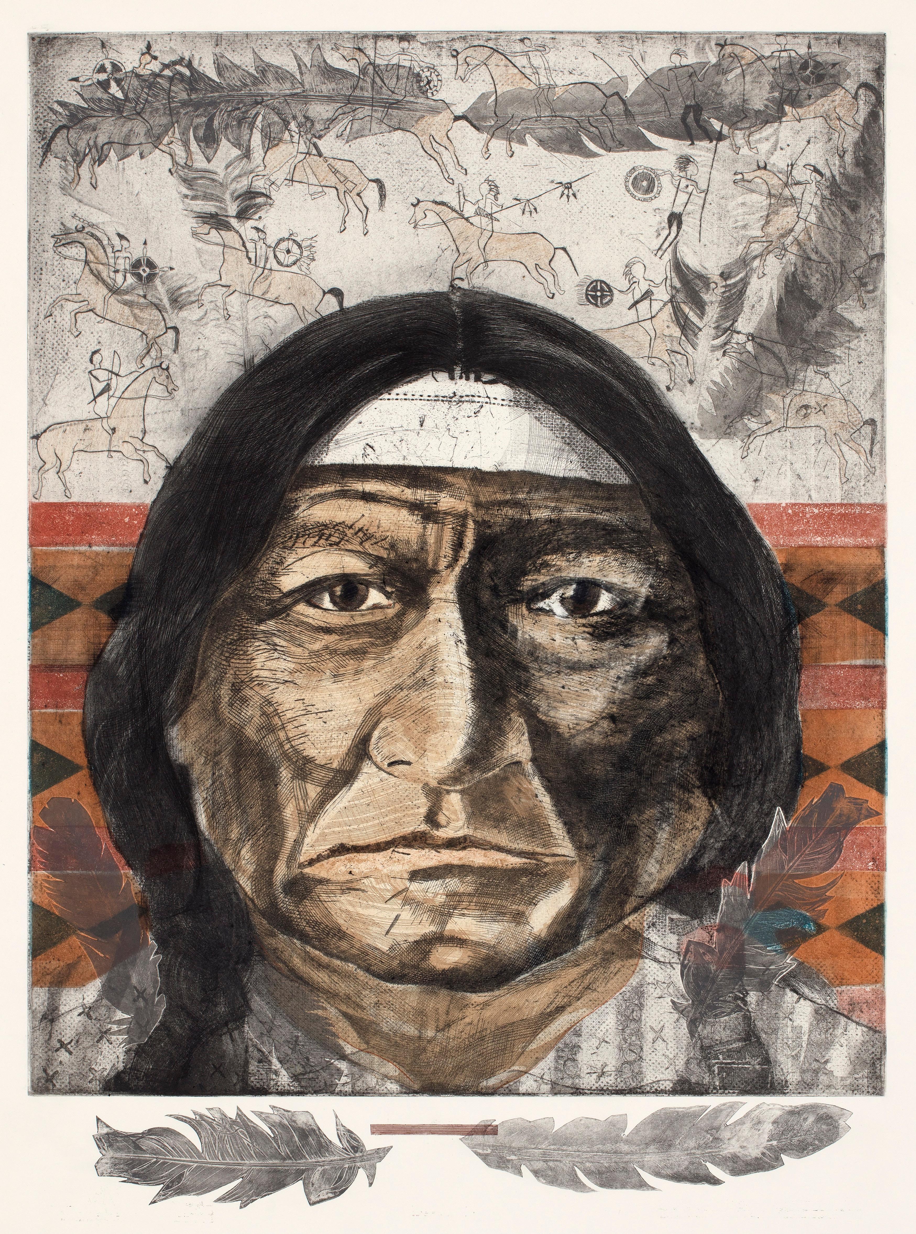 Tomas Lasansky Portrait Print - Native American Portrait, ws (Intaglio, man, portrait, Native American)