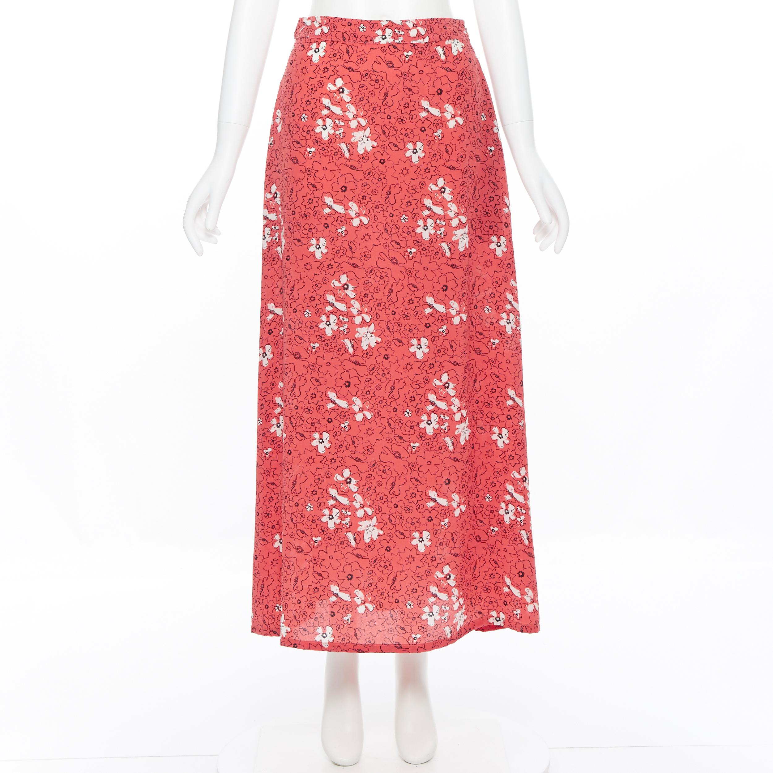 Pink TOMAS MAIER 100% silk pink illustration floral print casual midi skirt US2 XS For Sale