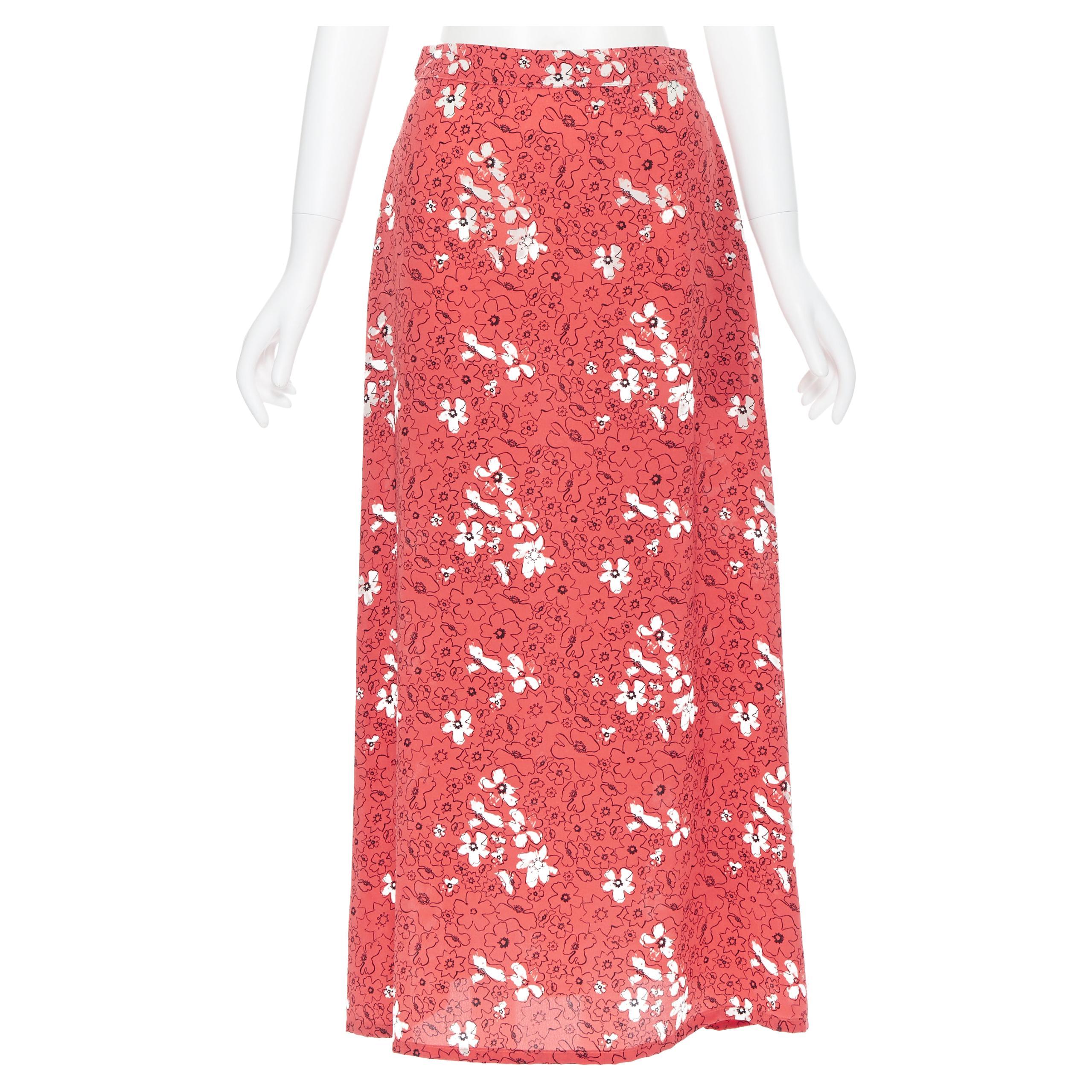 TOMAS MAIER 100% silk pink illustration floral print casual midi skirt US2 XS For Sale